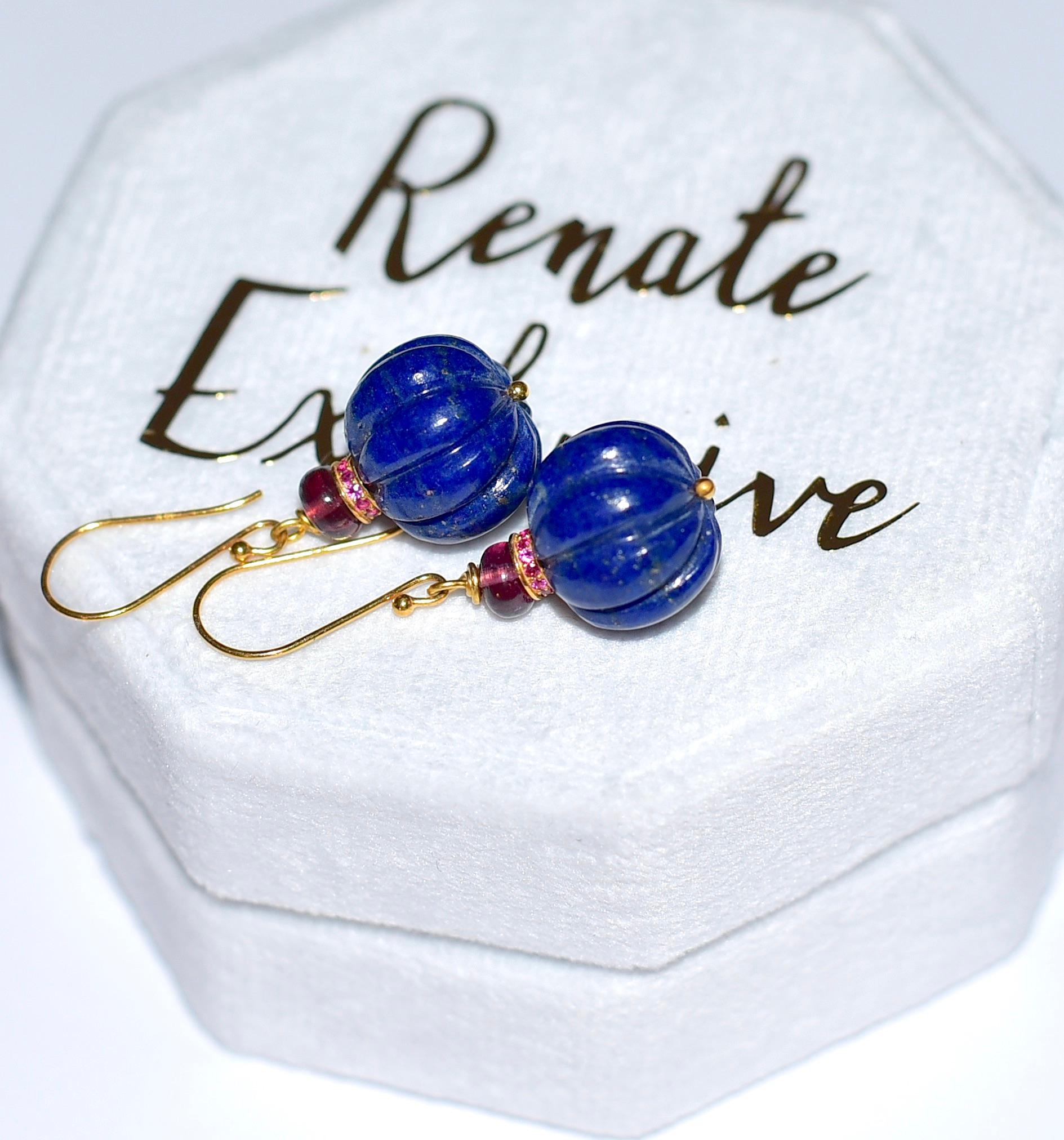 Afghani Lapis Lazuli and Ruby Earrings in 18K Solid yellow Gold In New Condition In Astoria, NY