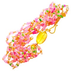 Afghani Pink Tourmaline and Lemon Quartz Bracelet 18K Solid Yellow Gold Clasp