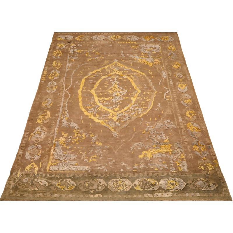 Contemporary Afghan Abadeh Area Rug: A Luminous Tapestry of Earth Tones and Metallic Sheen

A Field of Modern Grandeur and Artistic Innovation
This captivating Afghan Abadeh area rug presents immediate allure. Its expansive field, in a luminous