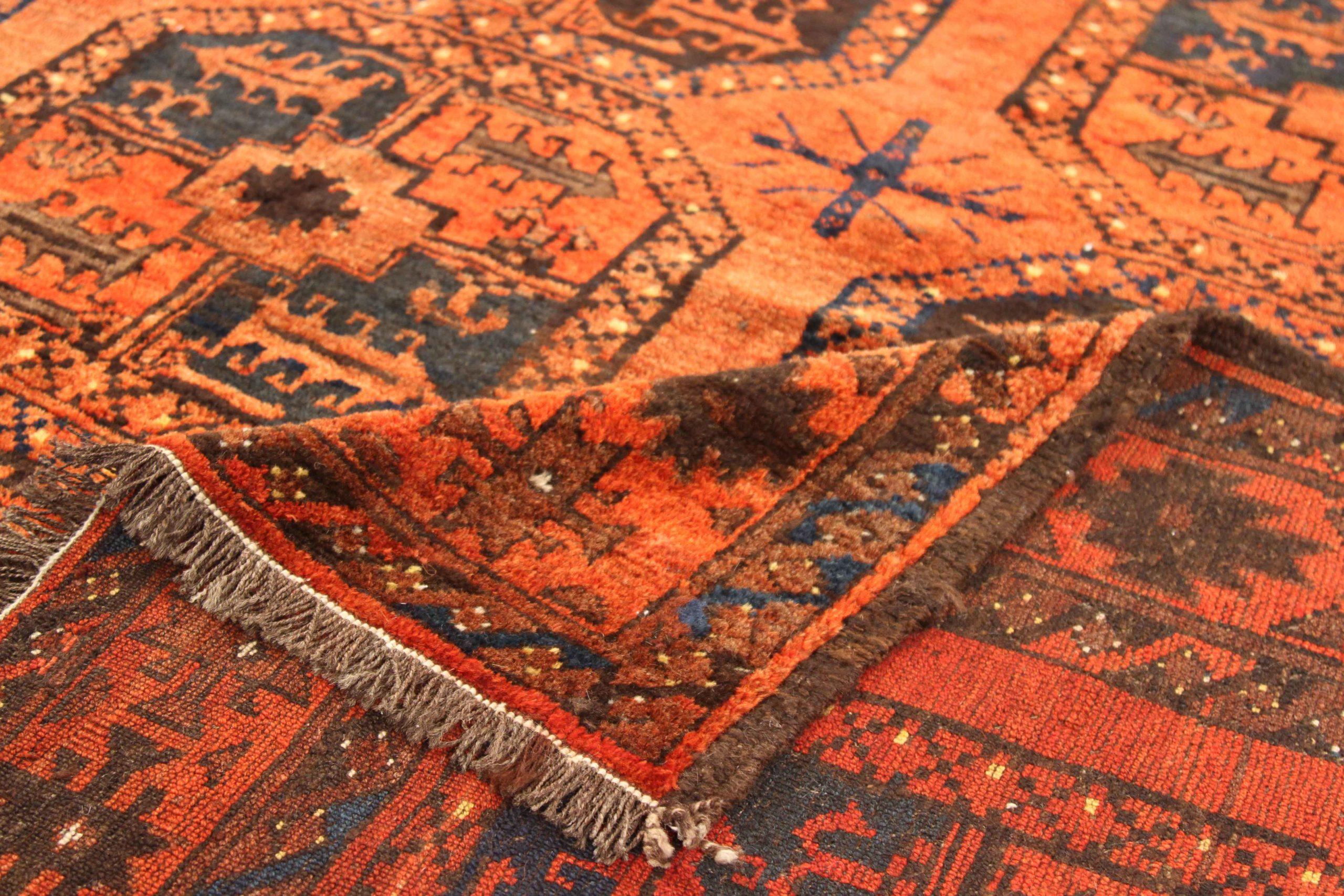 Afghano Tappeto afghano Afghanistan Circa 1910 - Lana Blu Navy Arancione Rosso - 75245 in vendita