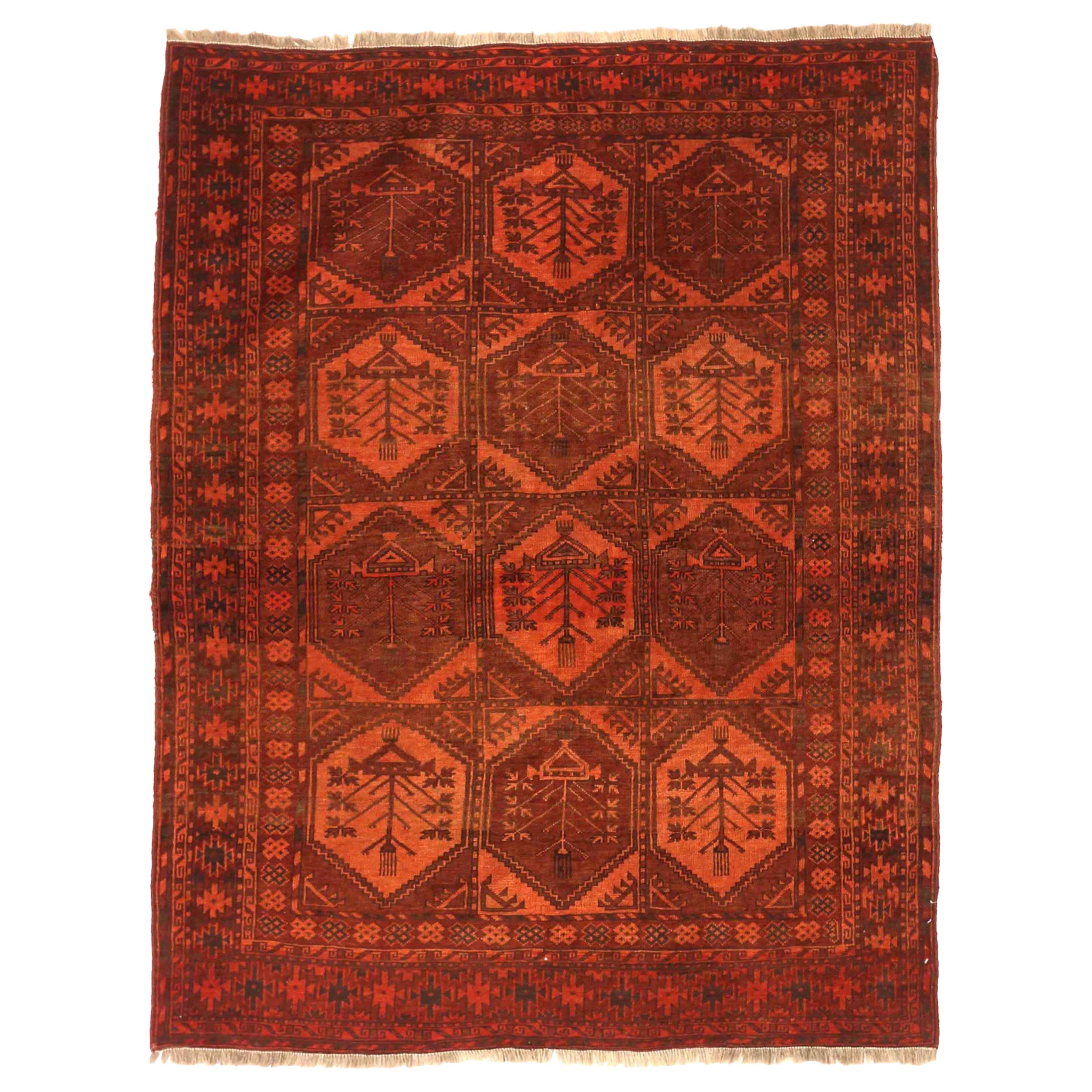 Petit tapis afghan d'Afghanistan datant d'environ 1910, motif en laine orange rouge - 75181