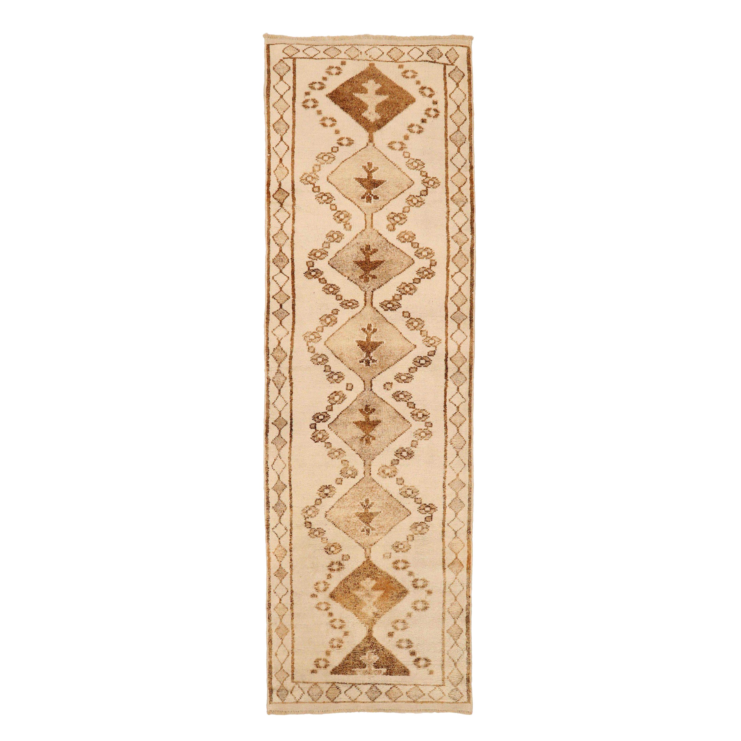 Afghanistan Anatoly Runner Rug - Wool Brown Ivory Design - 93376 For Sale