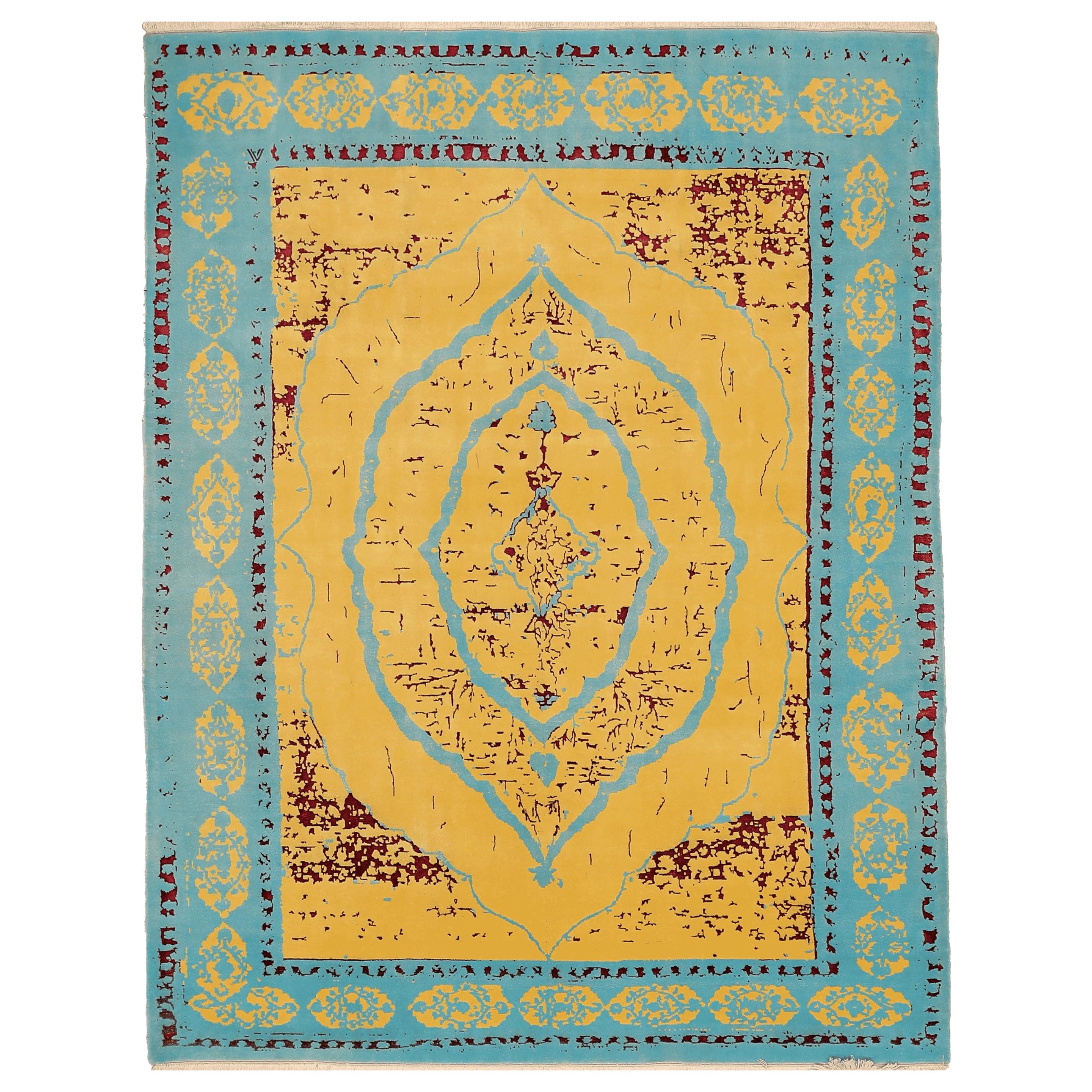 Tapis d'Afghanistan, motif bleu et jaune en laine - 94301