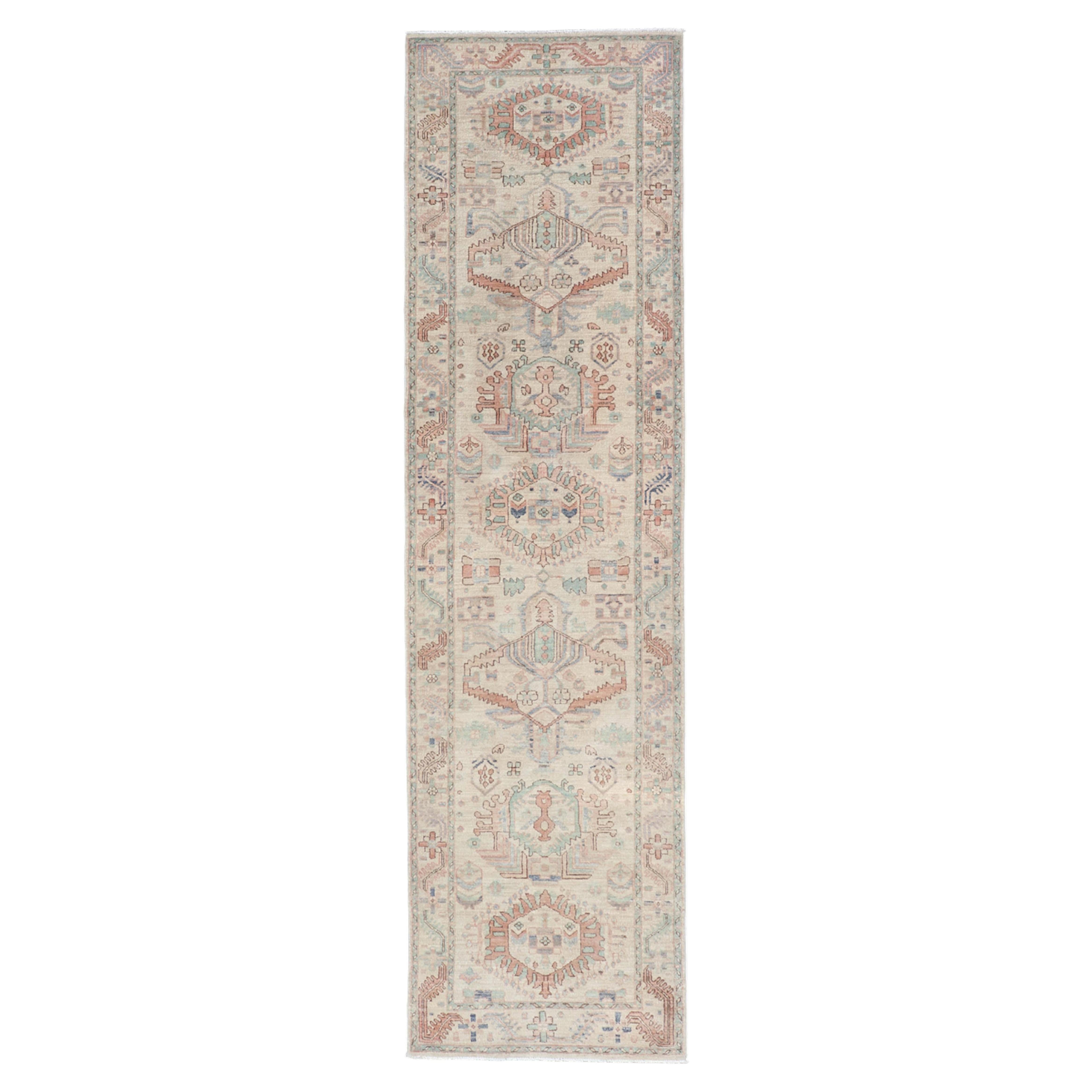 Afghanistan Heriz-Serapi Runner with Ivory Field and Soft Green Accents For Sale
