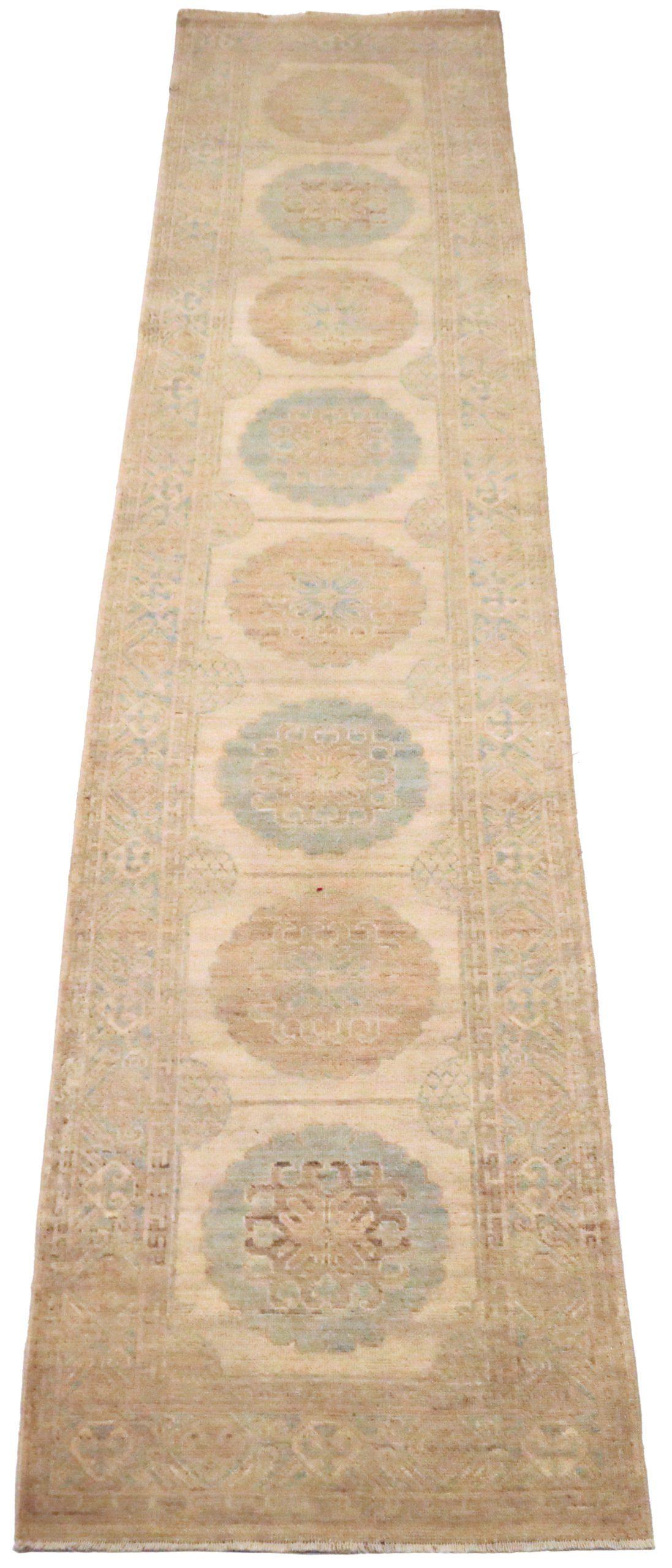 Alfombra Corredera Afgana Khotan - Lana Azul Diseño Marfil - 93662 Jotan en venta
