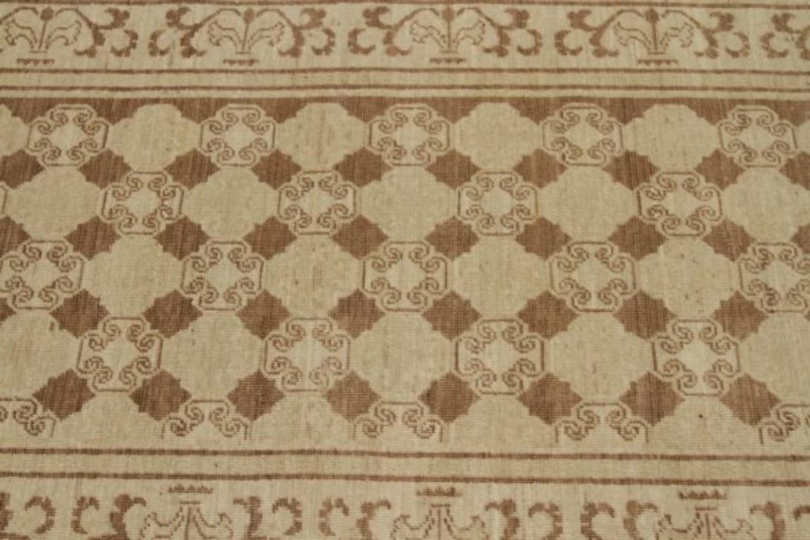 Tribale Tappeto Afghanistan Khotan Runner - Lana Marrone Avorio Design - 92063 in vendita