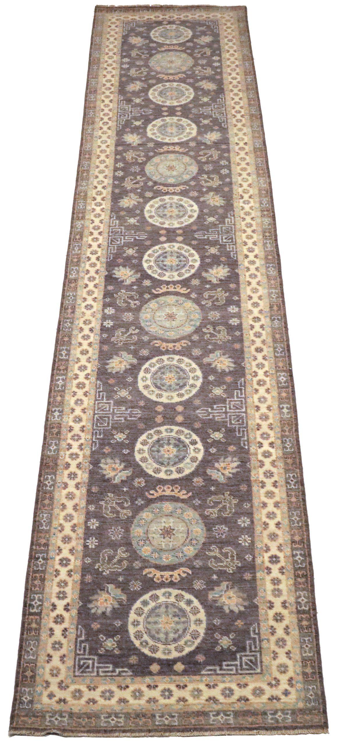 Hand-Knotted Afghanistan Khotan Runner Rug - Wool Brown Ivory Purpel - 93661 For Sale