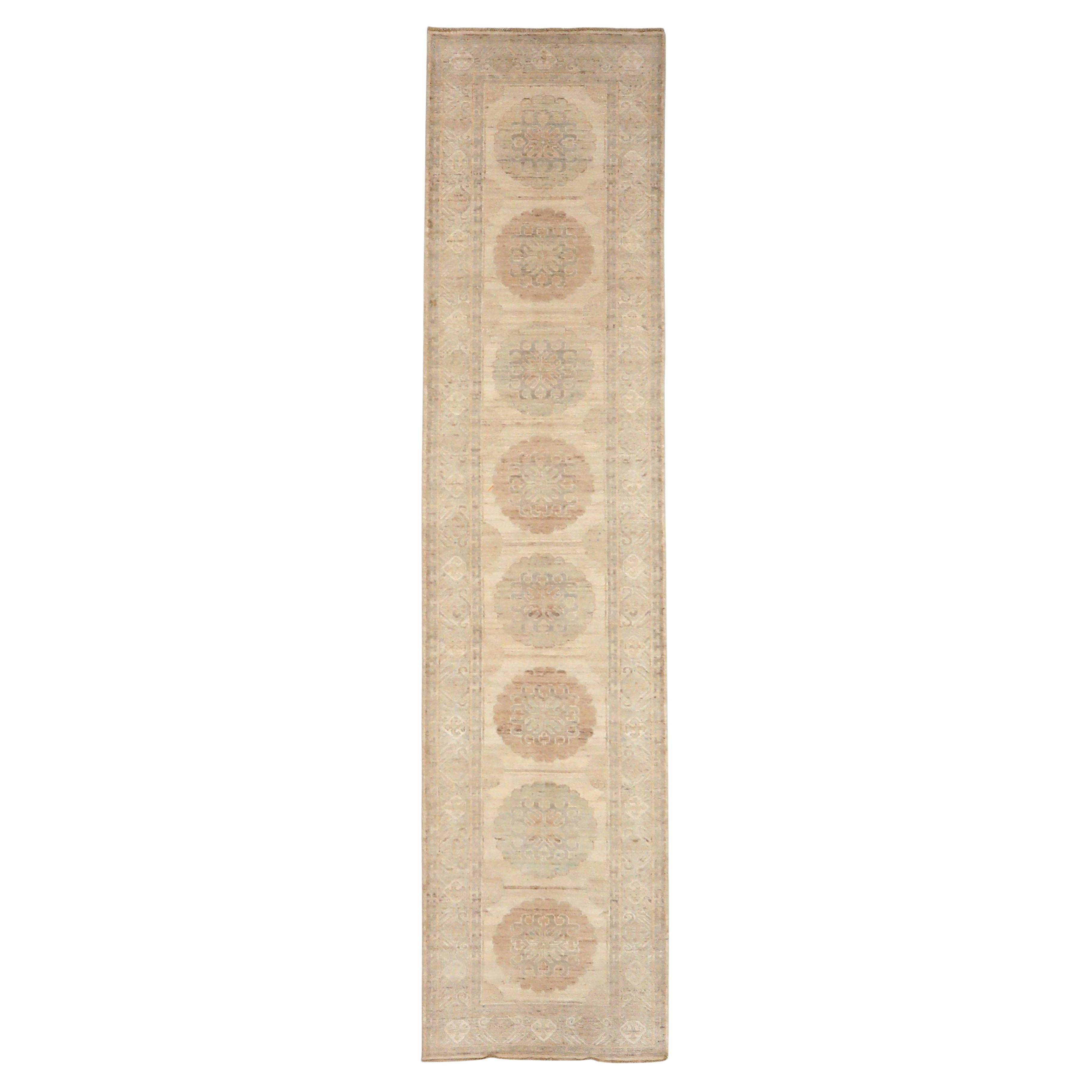 Afghanistan Khotan Runner Rug - Wool Ivory Taupe Design - 93666