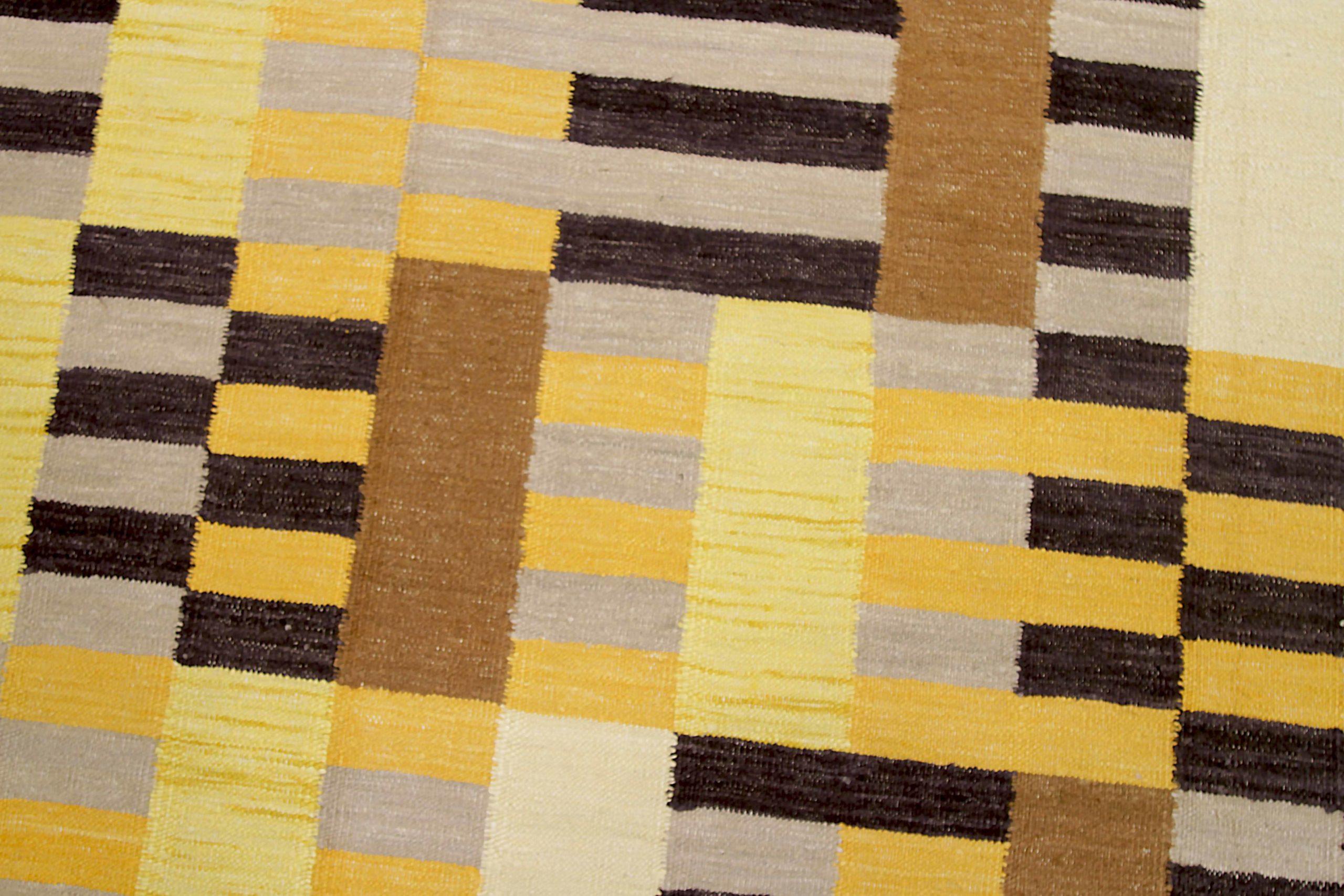 20th Century Afghanistan Kilim Area Rugs Circa 1990 - Wool Black Ivory Yellow Design - 92088 For Sale