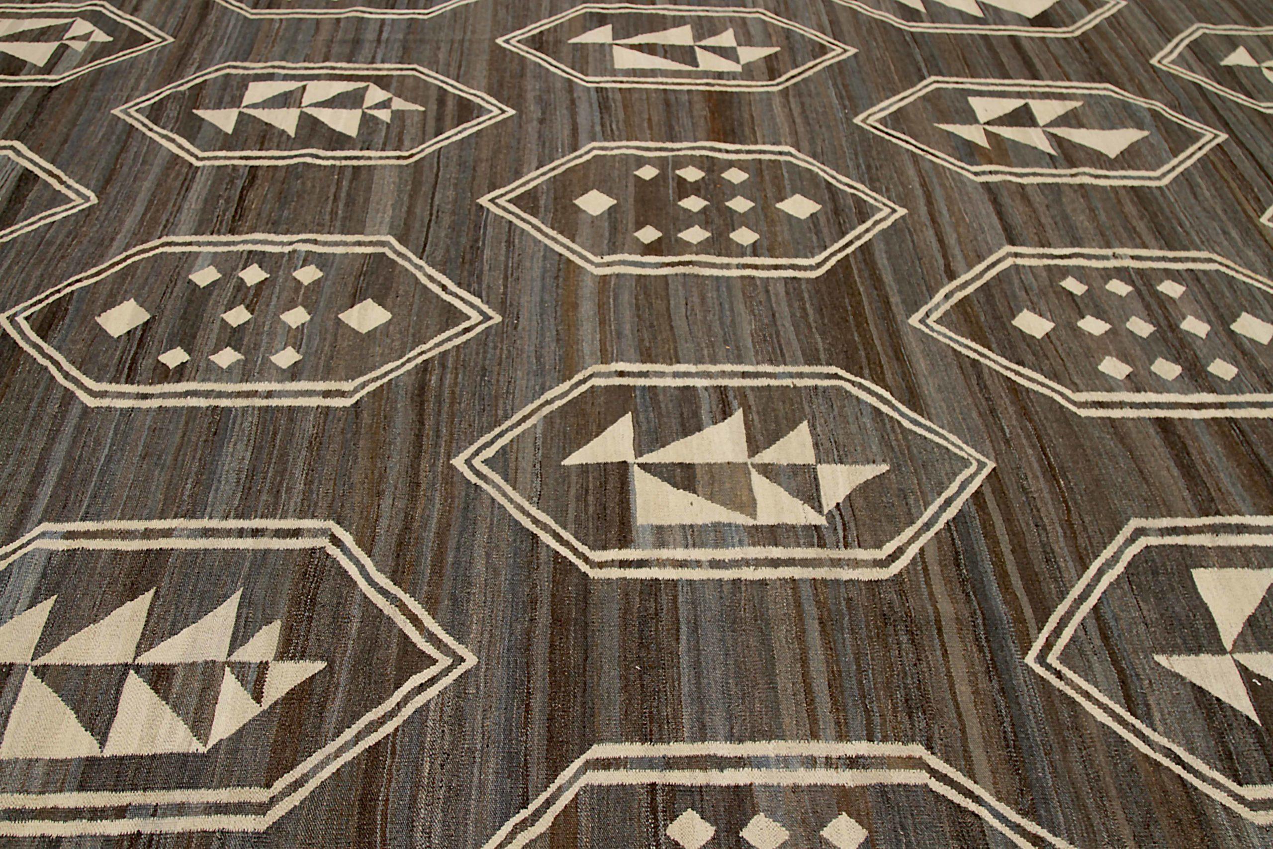 Tribal Afghanistan Kilim Area Rugs Circa 1990 - Wool Brown Ivory Design - 92090 For Sale