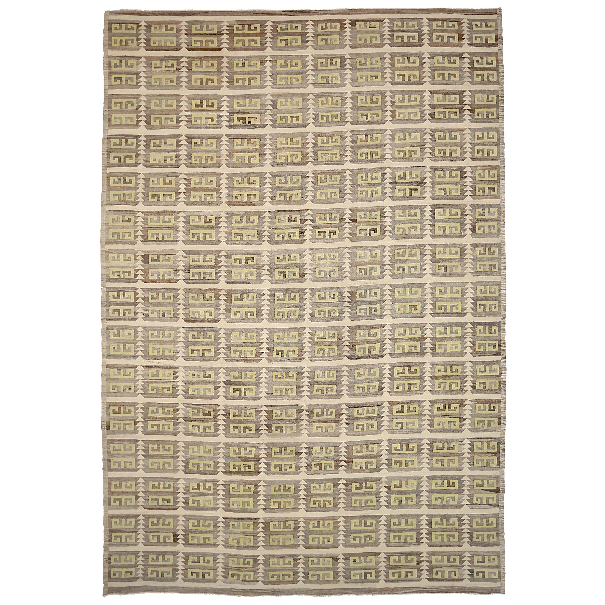 Afghanistan Kilim Over Size Rug - Wool Brown Ivory Yellow - 92095 For Sale