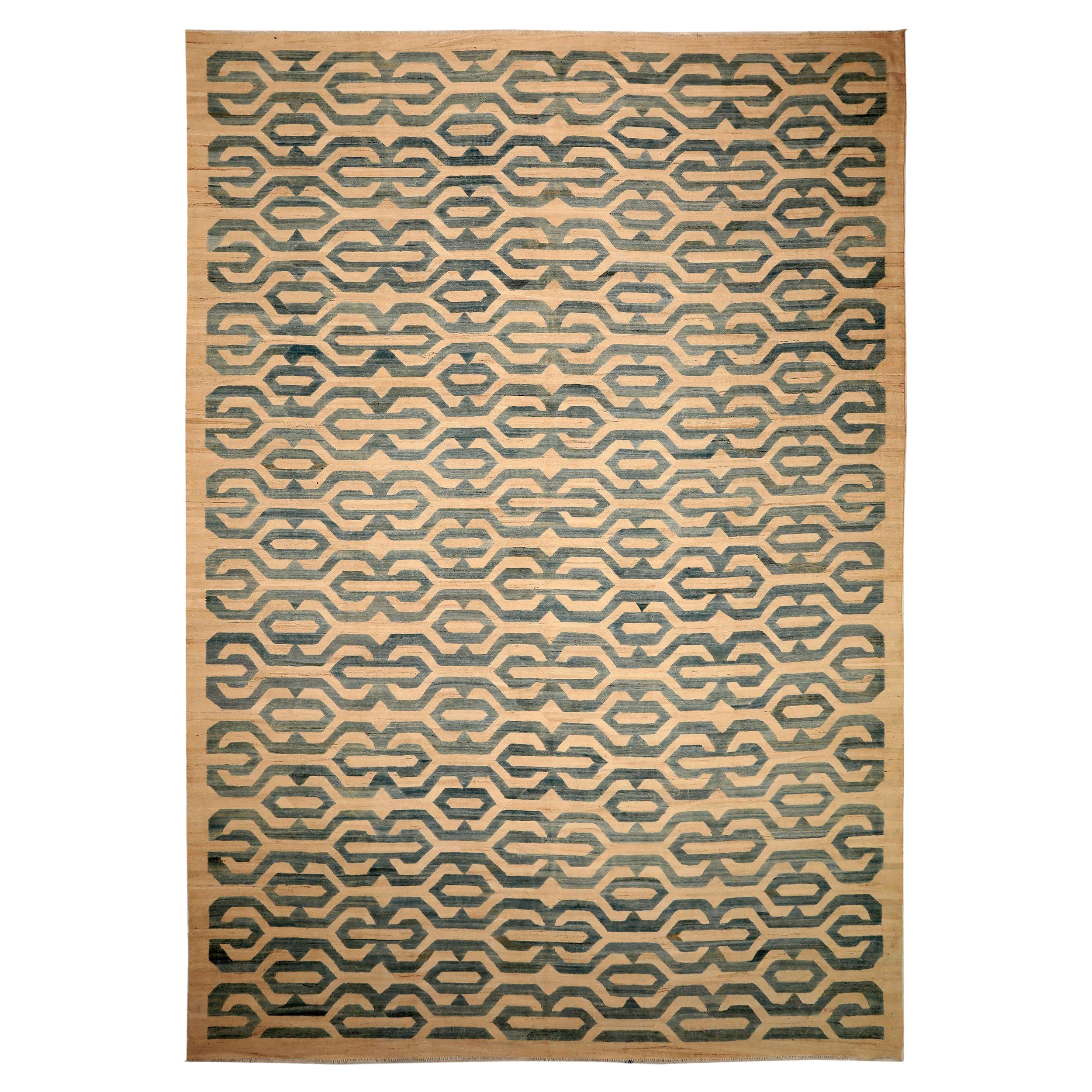 Afghanistan Kilim Over Size Rug - Wool Gray Ivory Design - 93896 For Sale