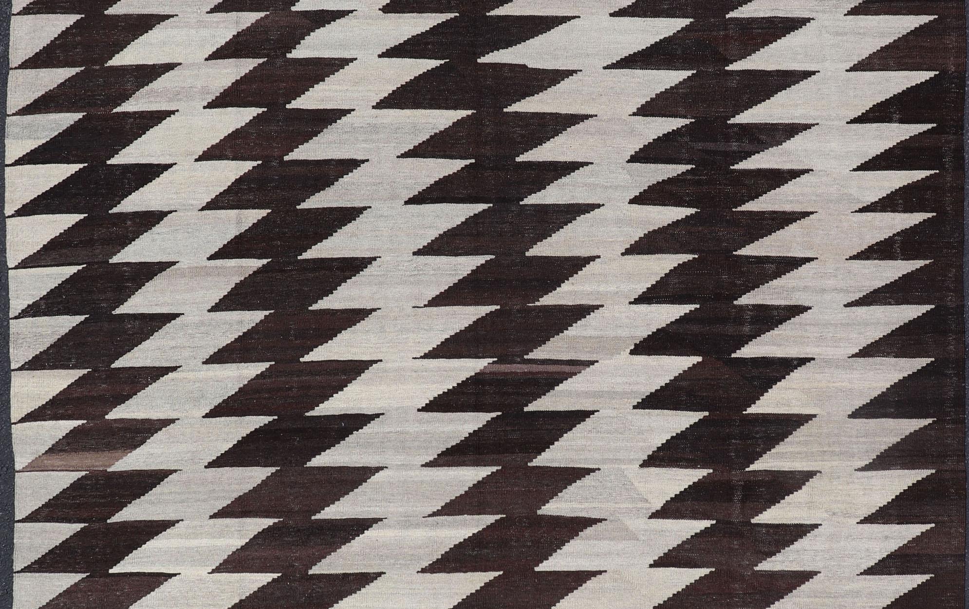 Hand-Woven Afghanistan Kilim with Modern Design With Browns and Gray For Sale