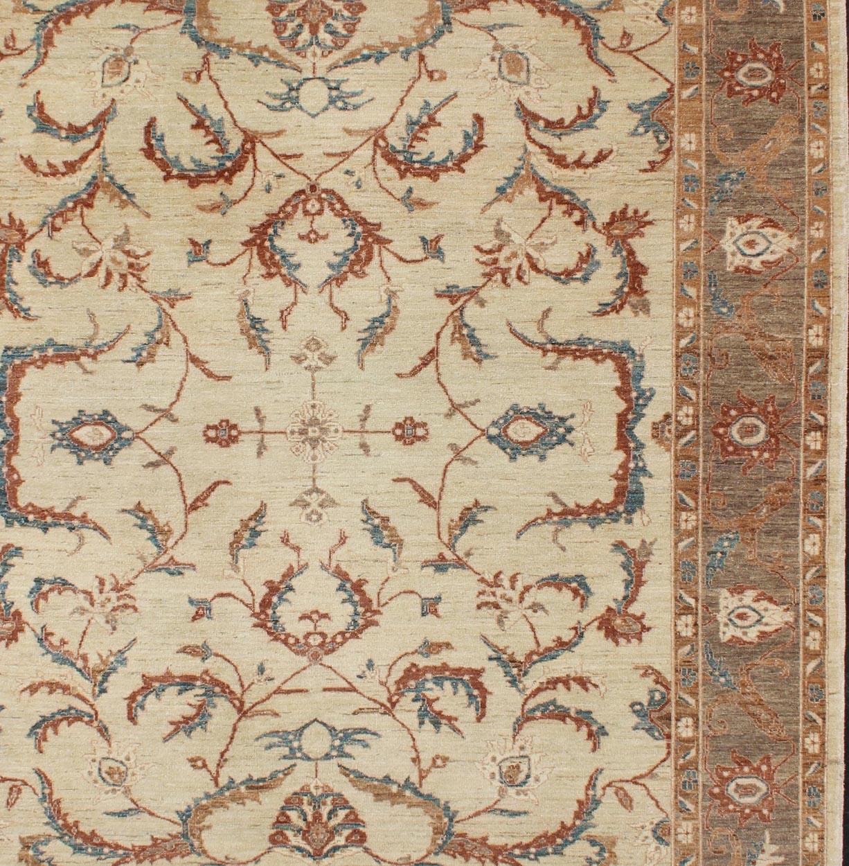Tabriz design from Afghanistan with all-over floral design in taupe and cream. Keivan Woven Arts / rug DSP-BC11593, country of origin / type: Afghanistan / Tabriz, late 20th century
Measures: 8'1 x 9'8.
This with a sophisticated, all-over design