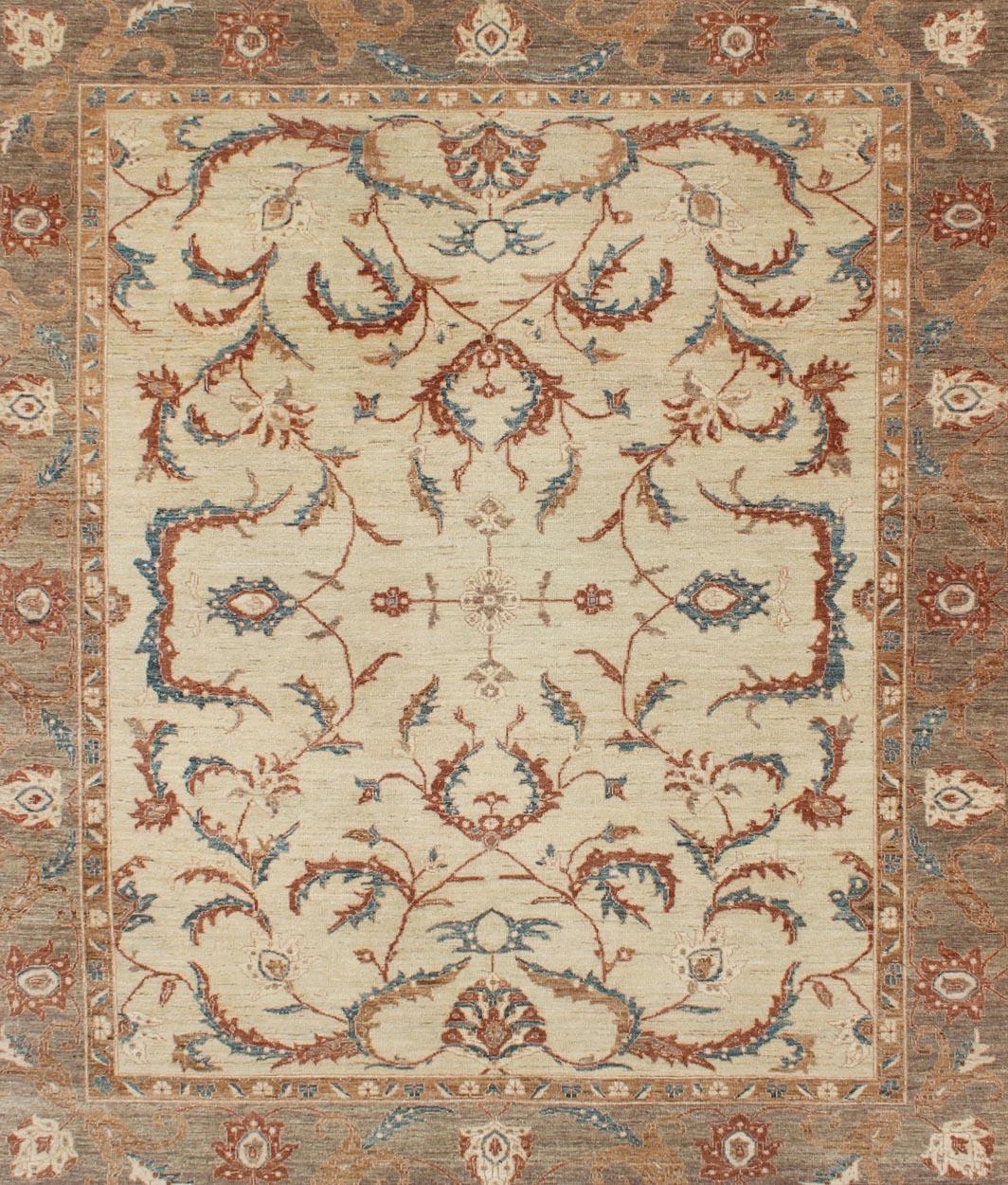Sultanabad Fine Afghanistan Made Rug in Earthy Tones of Brown, Taupe, Blue, and Coral For Sale