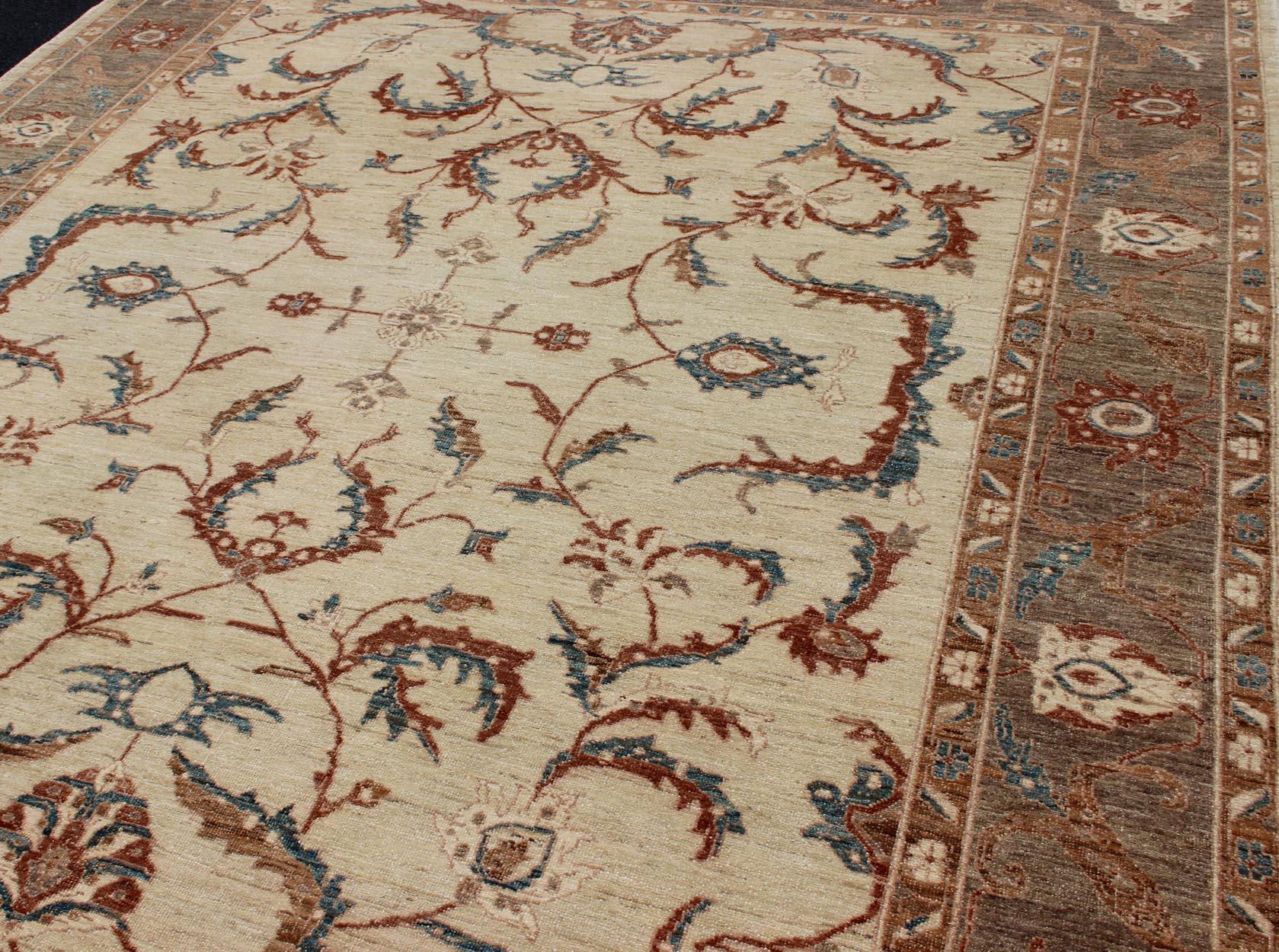Hand-Knotted Fine Afghanistan Made Rug in Earthy Tones of Brown, Taupe, Blue, and Coral For Sale