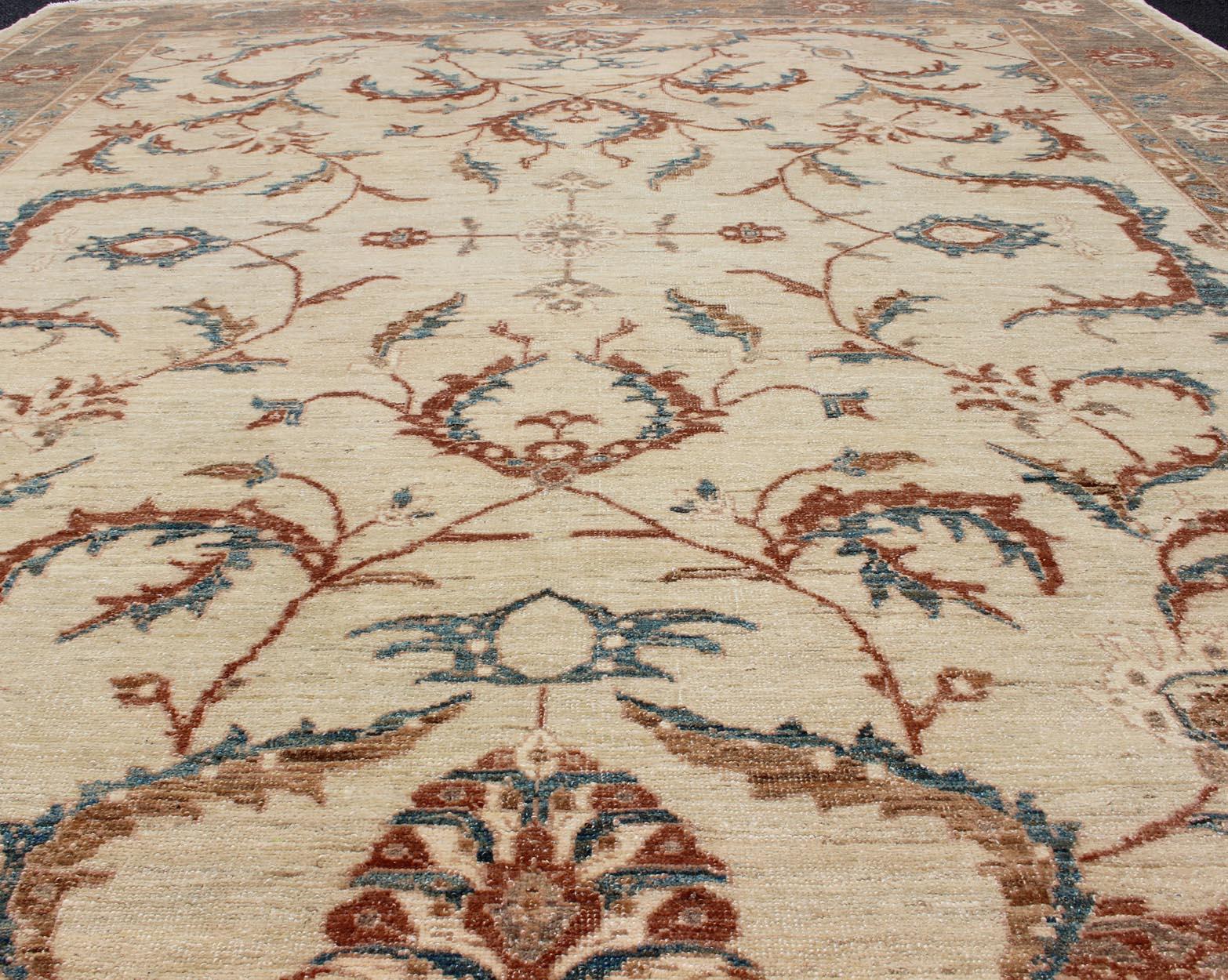 20th Century Fine Afghanistan Made Rug in Earthy Tones of Brown, Taupe, Blue, and Coral For Sale