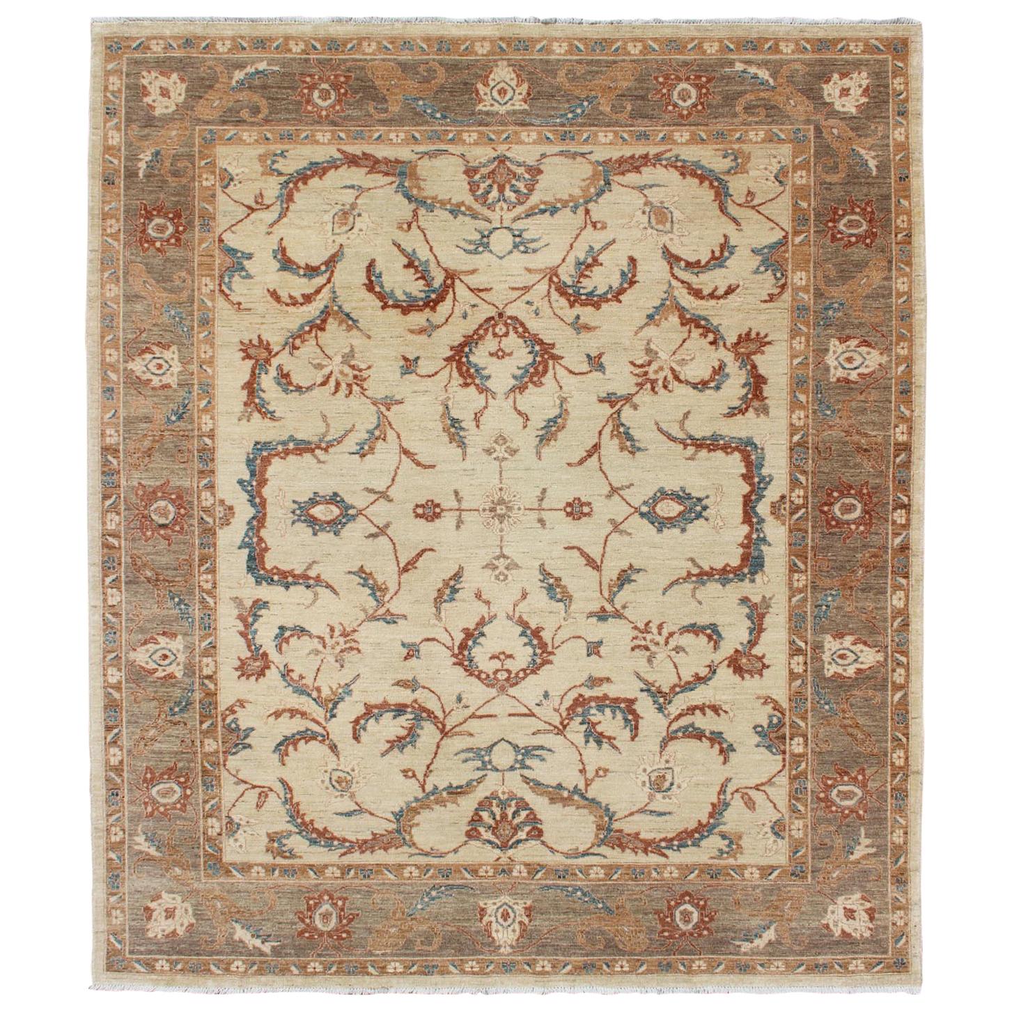 Fine Afghanistan Made Rug in Earthy Tones of Brown, Taupe, Blue, and Coral For Sale