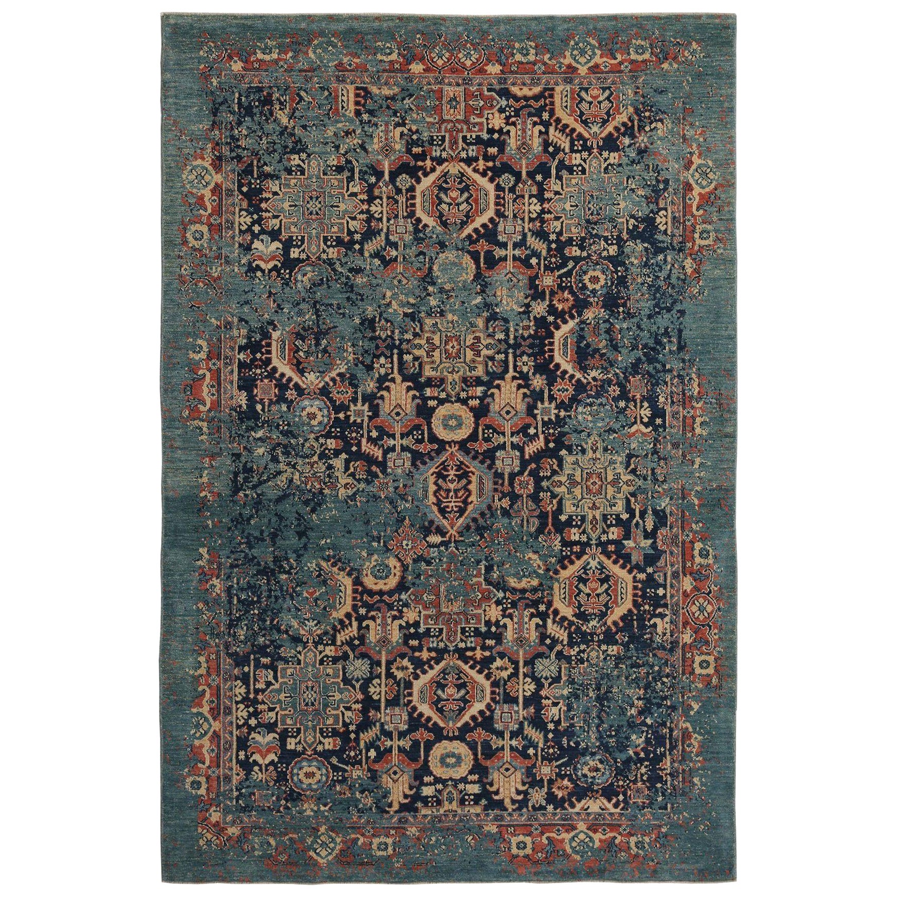 Afghanistan Modern Area Rugs - Wool Blue Navy Blue Design - 97515 For Sale
