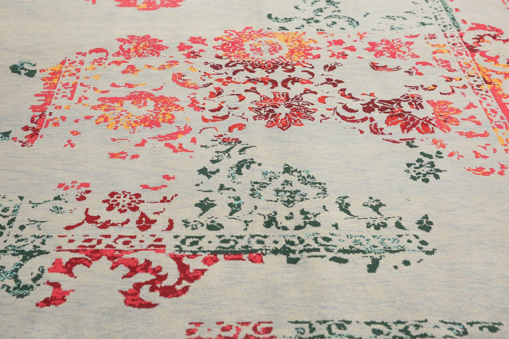 Tribal Afghanistan Modern Area Rugs - Wool Ivory Pink Design - 97040 For Sale