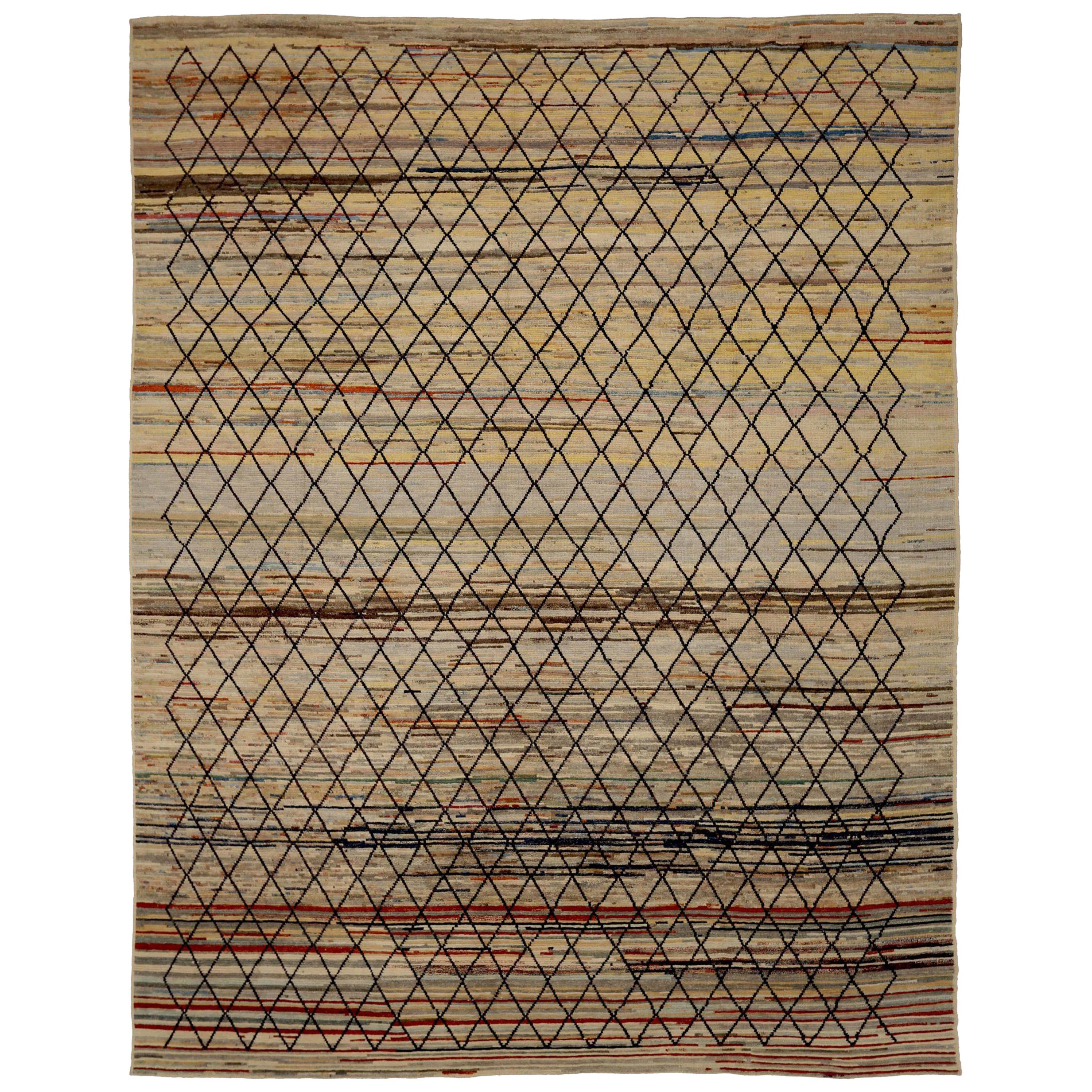 Afghanistan Tapis marocain Circa 1990 - Laine Noir Ivoire Rouge Jaune - 90557