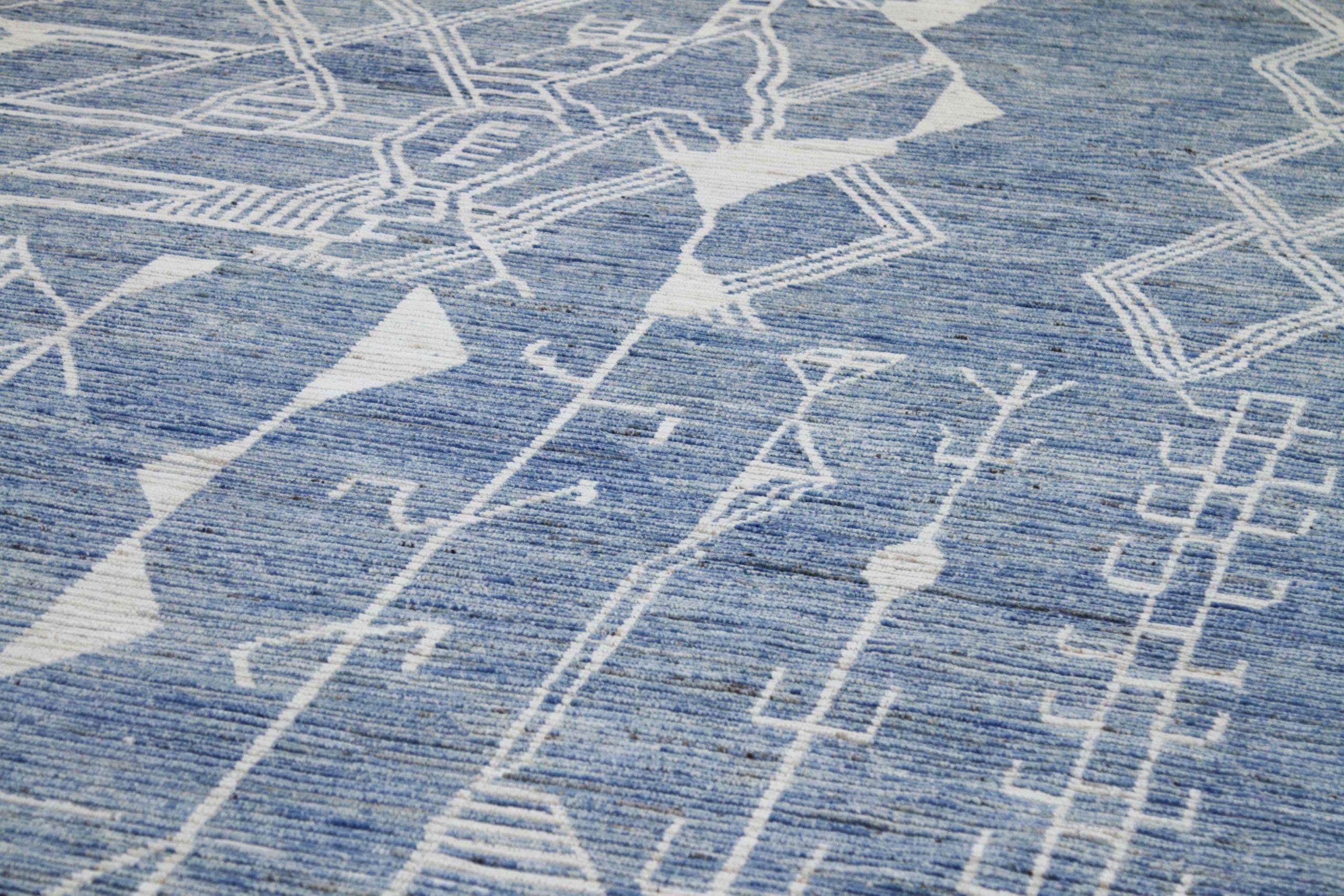 20th Century Afghanistan Moroccan Area Rugs Circa 1990 - Wool Blue Ivory Design - 89864 For Sale