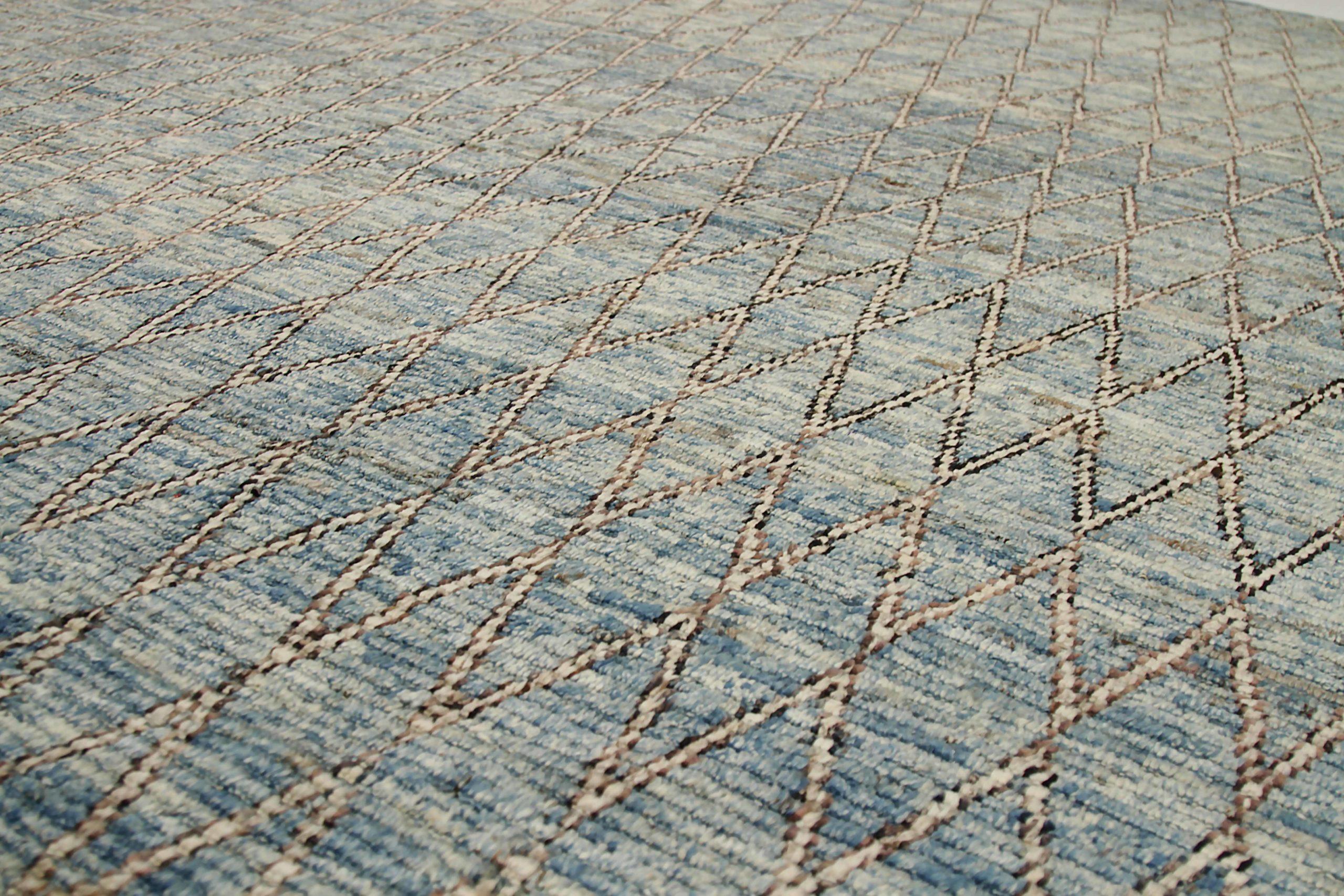 20th Century Afghanistan Moroccan Area Rugs Circa 1990 - Wool Blue Ivory Design - 90496 For Sale