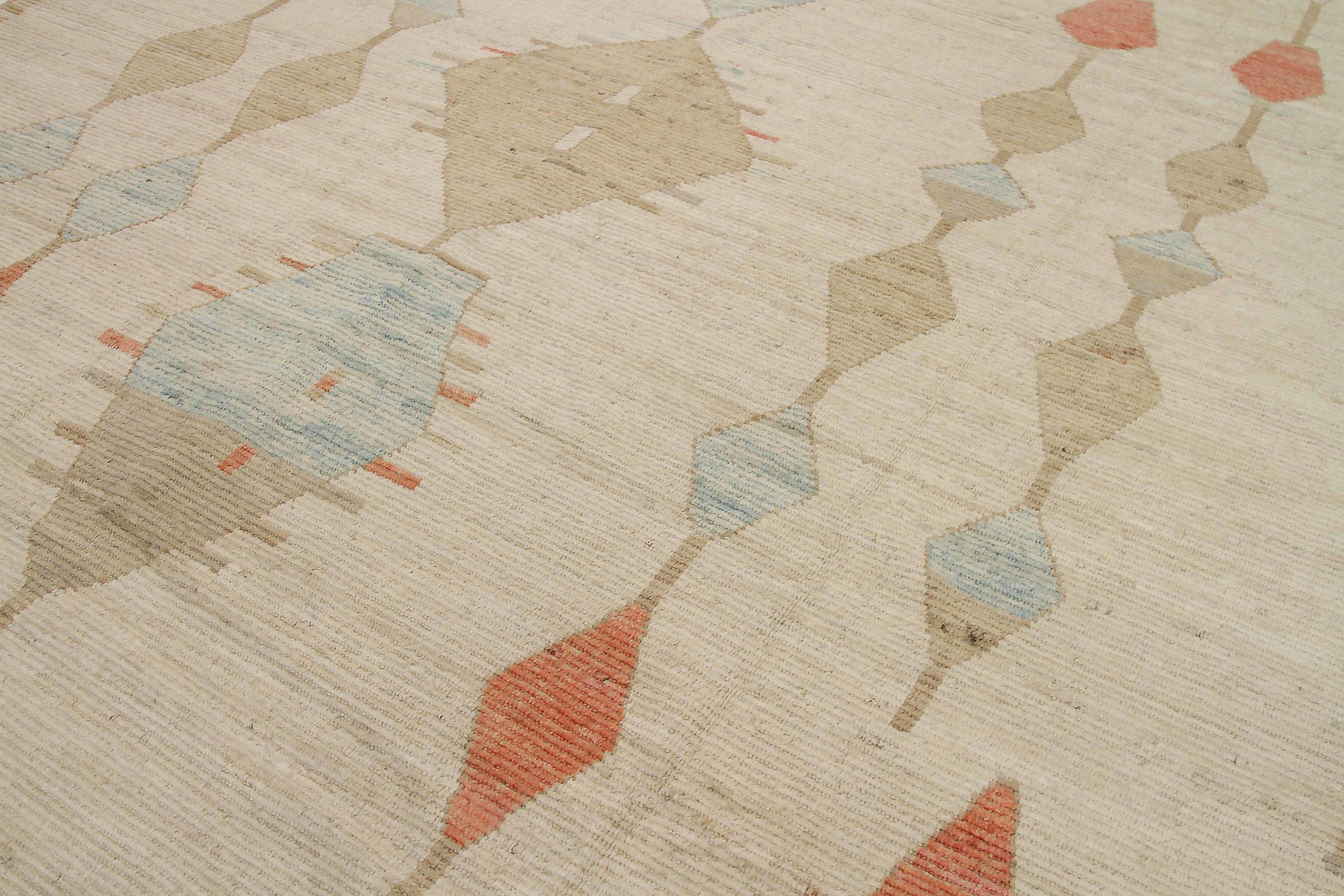 Afghanistan Moroccan Area Rugs Circa 1990 - Wool Blue Ivory Orange Taupe - 92225 In Excellent Condition For Sale In Dallas, TX