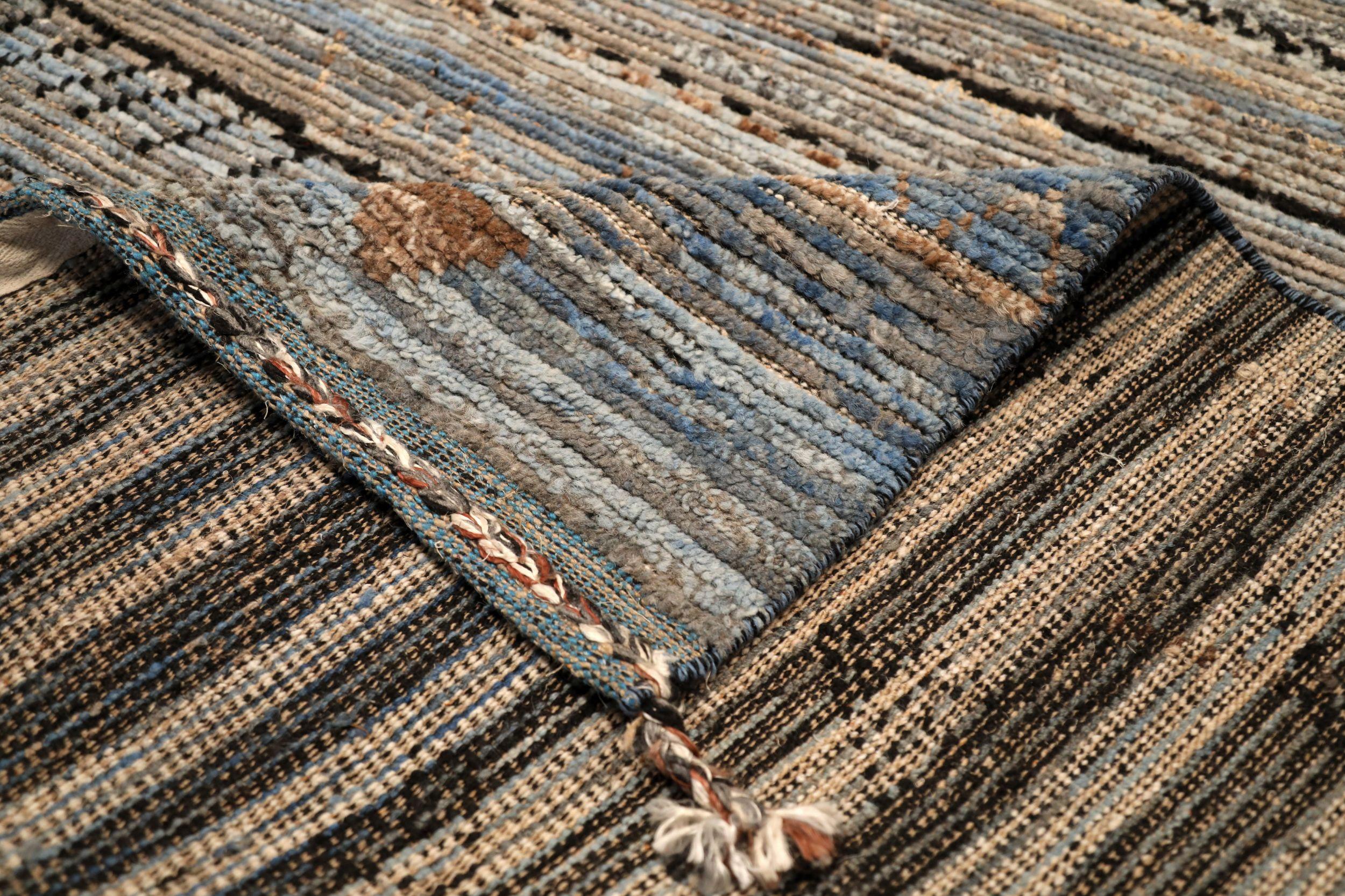 Afghano Tappeti Afghanistan Moroccan Area Rugs - Lana Blue Brown Design - 94337 in vendita
