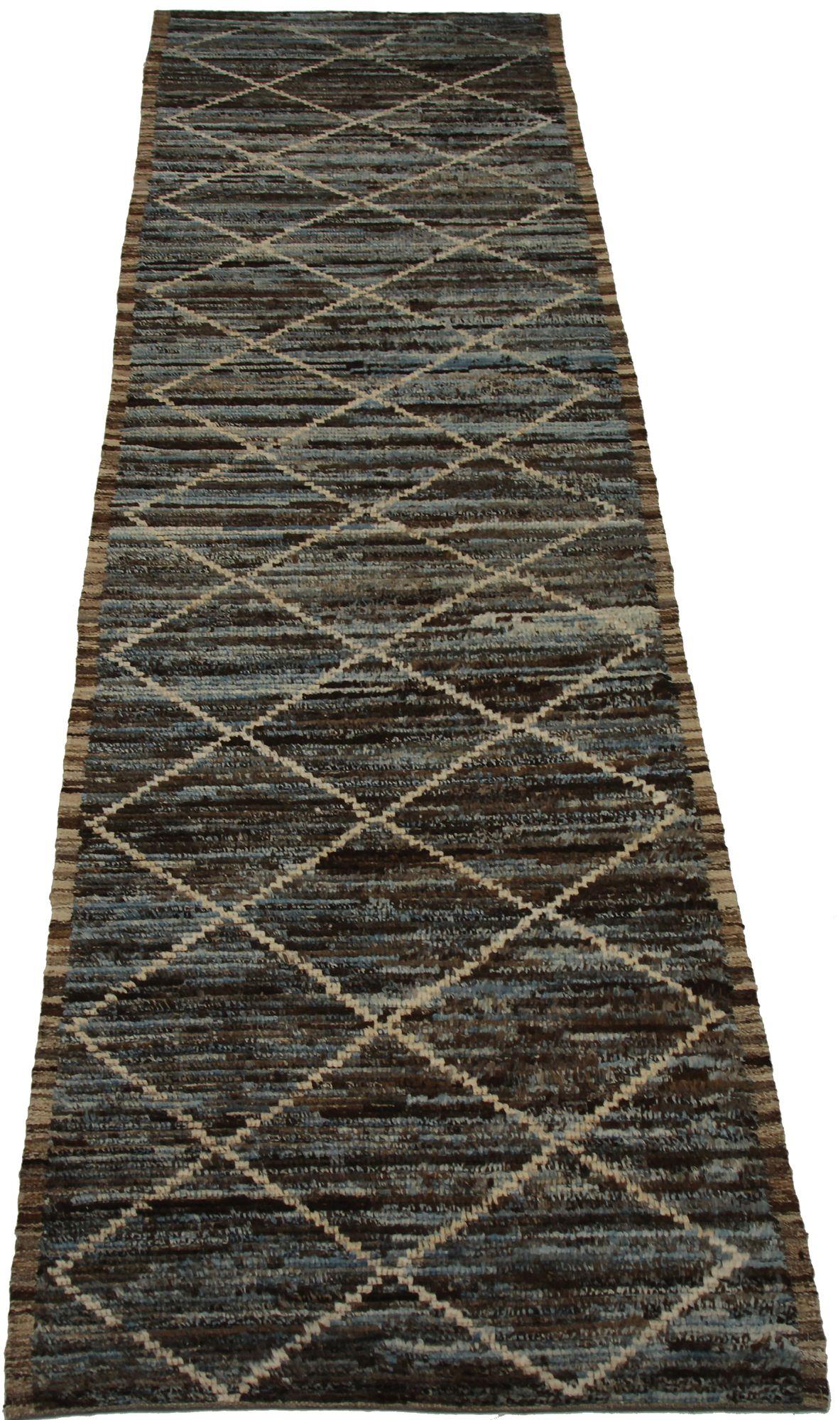Afghano Tappeti Afghanistan Moroccan Area Rugs - Lana Blu Marrone Avorio Design - 90472 in vendita