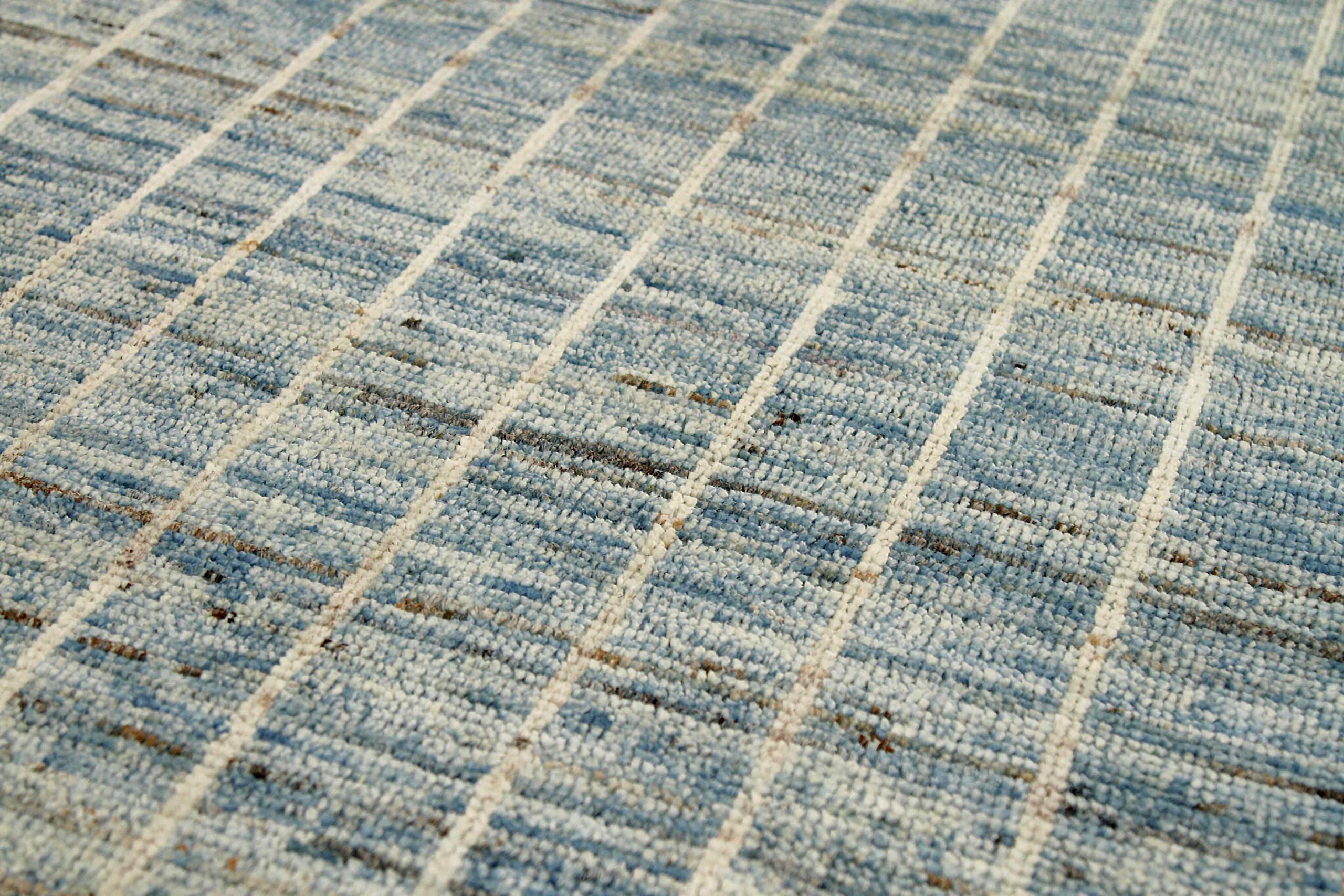 Afghanistan Moroccan Runner Rug Circa 1990 - Wool Blue Ivory Design - 90478 In Excellent Condition For Sale In Dallas, TX