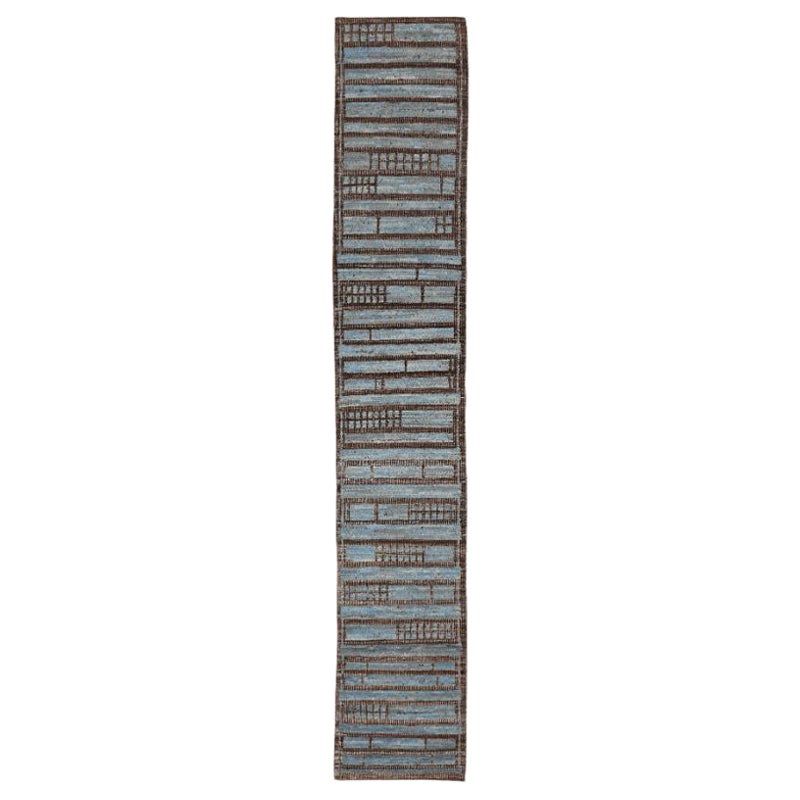 Tappeto Afghanistan Moroccan Runner - Lana Blu Marrone Design - 94339