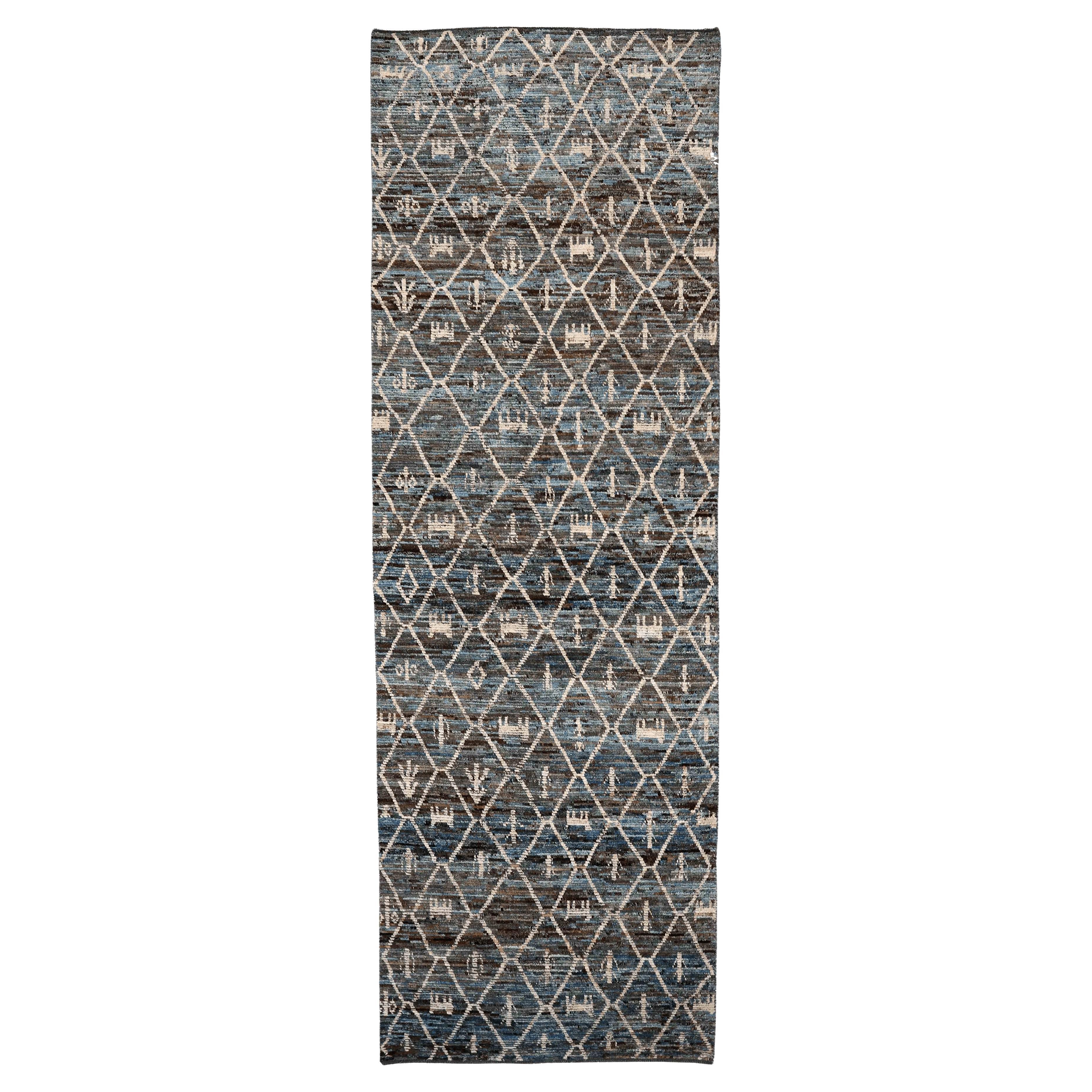 Afghanistan Marokkanischer Läufer Teppich - Wolle Blau Braun Design - 96354