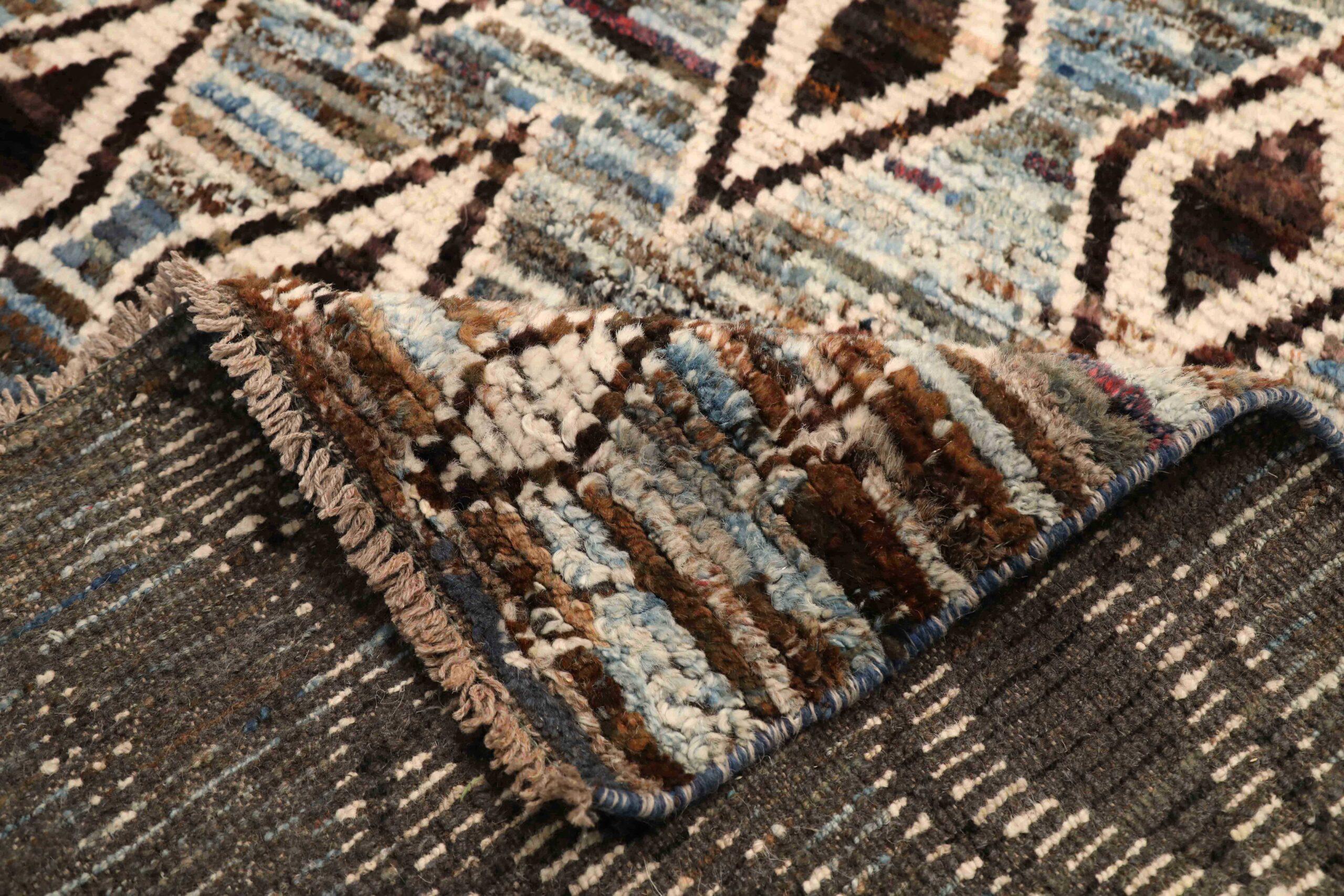 Annodato a mano Tappeto Afghanistan Moroccan Runner - Lana Blu Marrone Avorio - 96363 in vendita