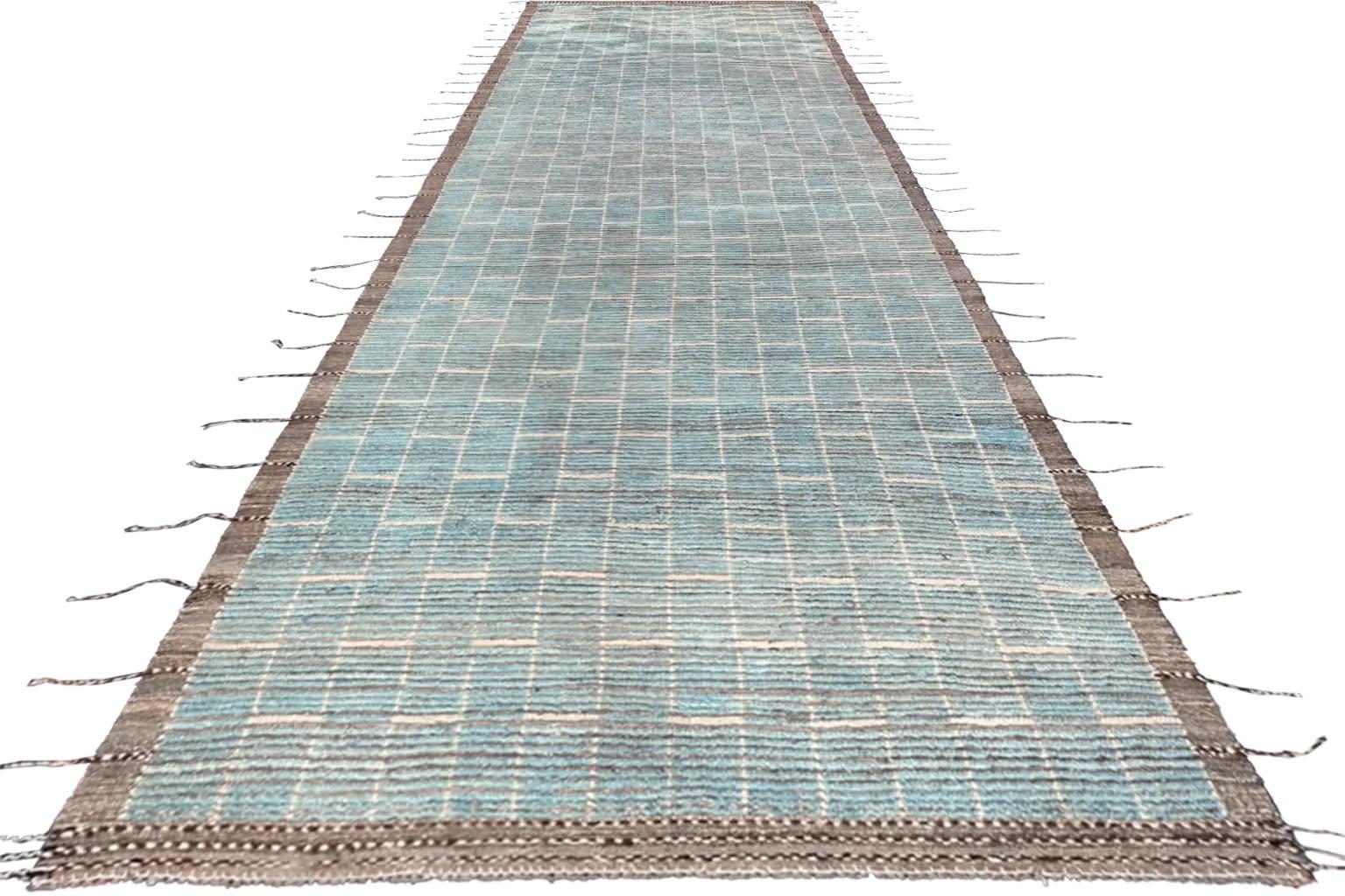 Minimalist A Long Blue River From Afghanistan - Moroccan Runner Rug - ( 50 x 156 ) For Sale
