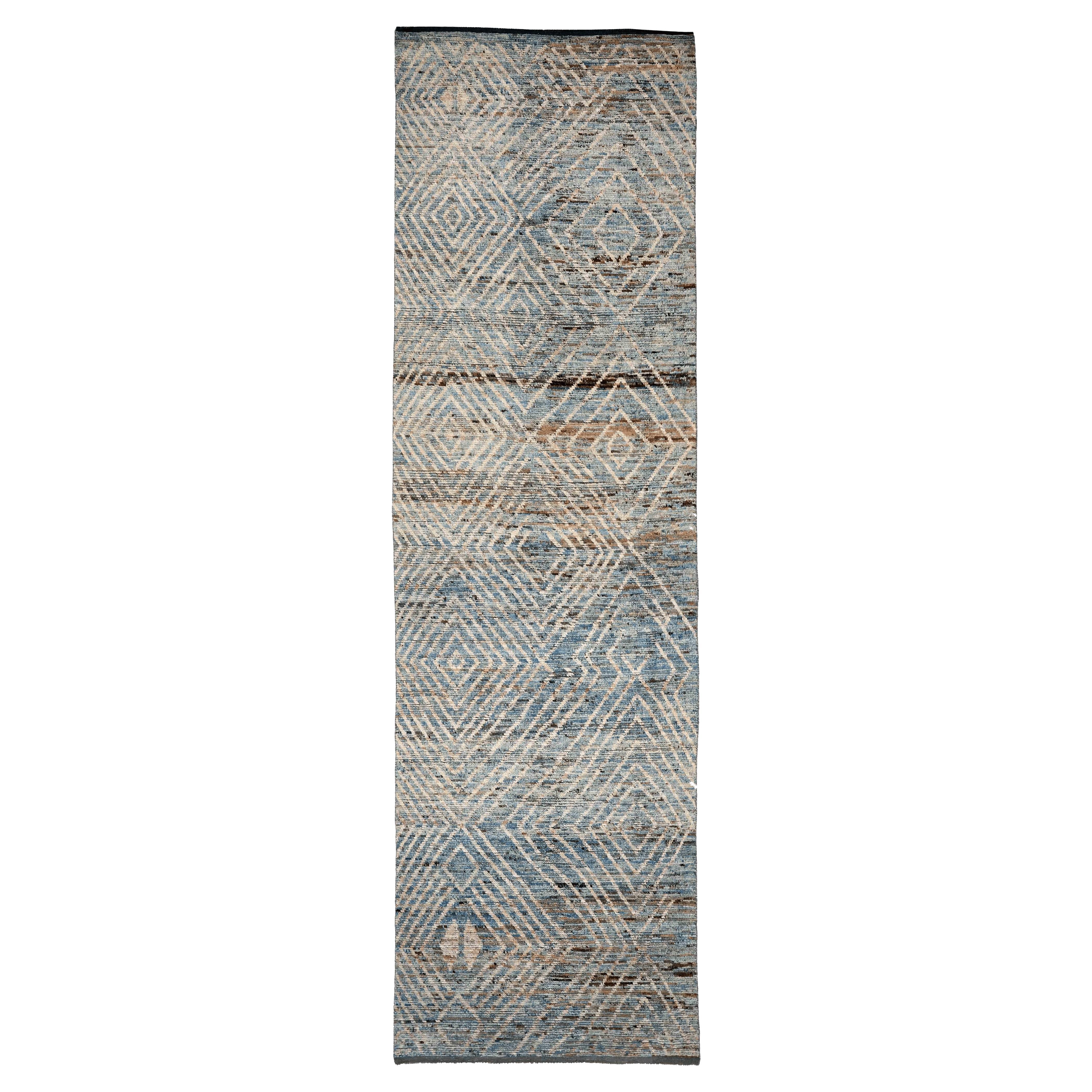 Tapis de course marocain d'Afghanistan, motif bleu ivoire en laine - 96355
