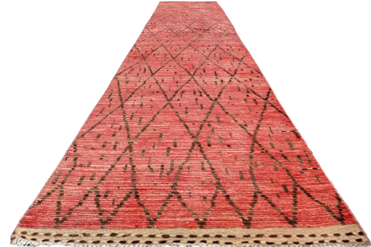 Afghanistan Marokkanischer Läufer Teppich - Wolle Braun Rosa Rot Design - 98501 (Afghanisch) im Angebot