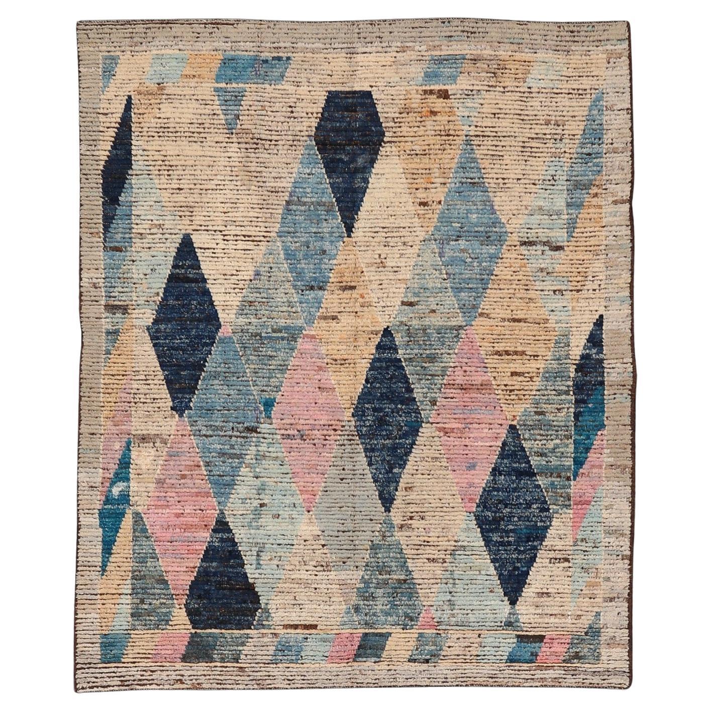 Afghanistan Moroccan Small Rug - Wool Blue Navy Blue Pink - 93804