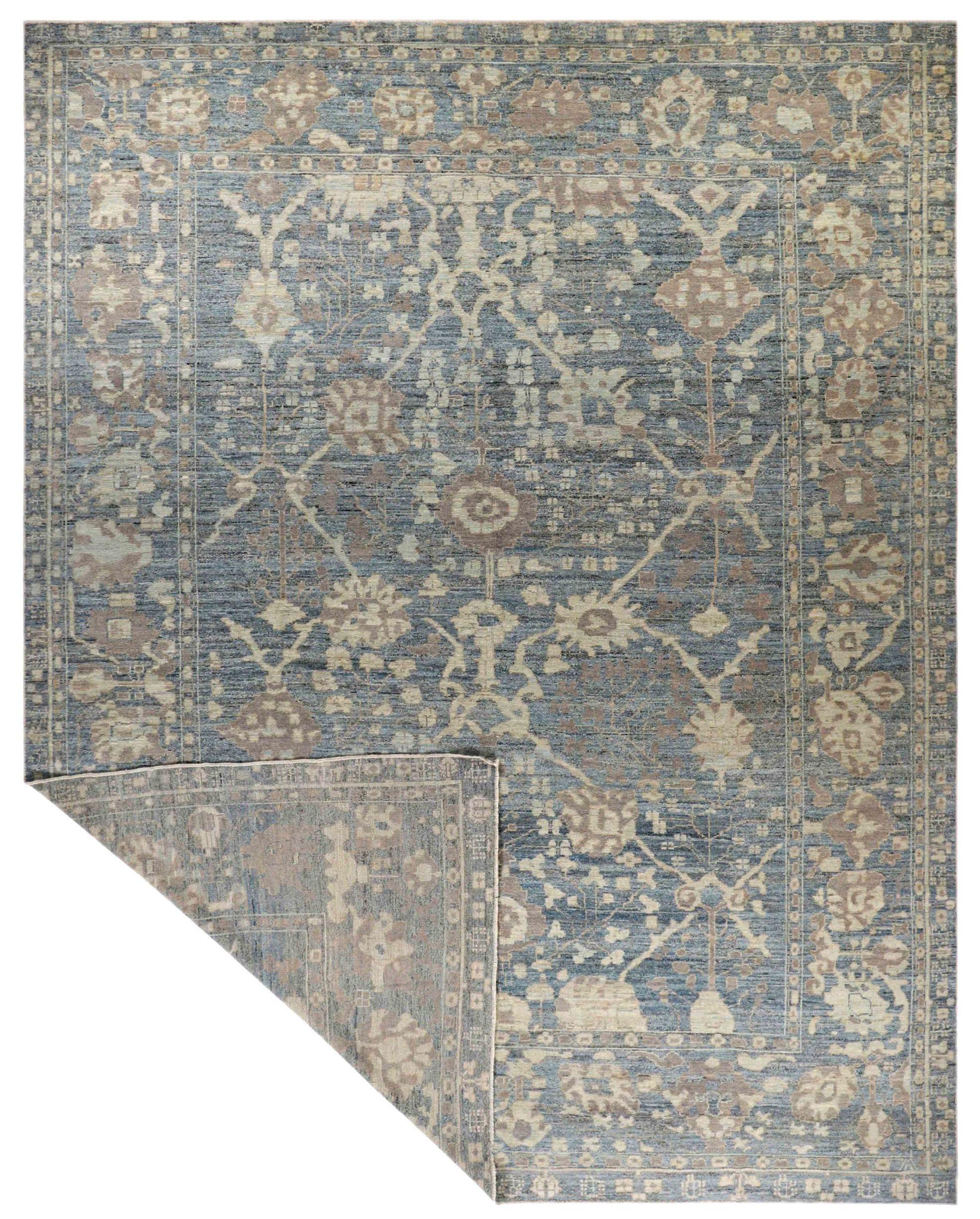 Afghanistan Oushak Area Rugs Circa 1990 - Wool Blue Brown Ivory Design - 90754 In Excellent Condition For Sale In Dallas, TX
