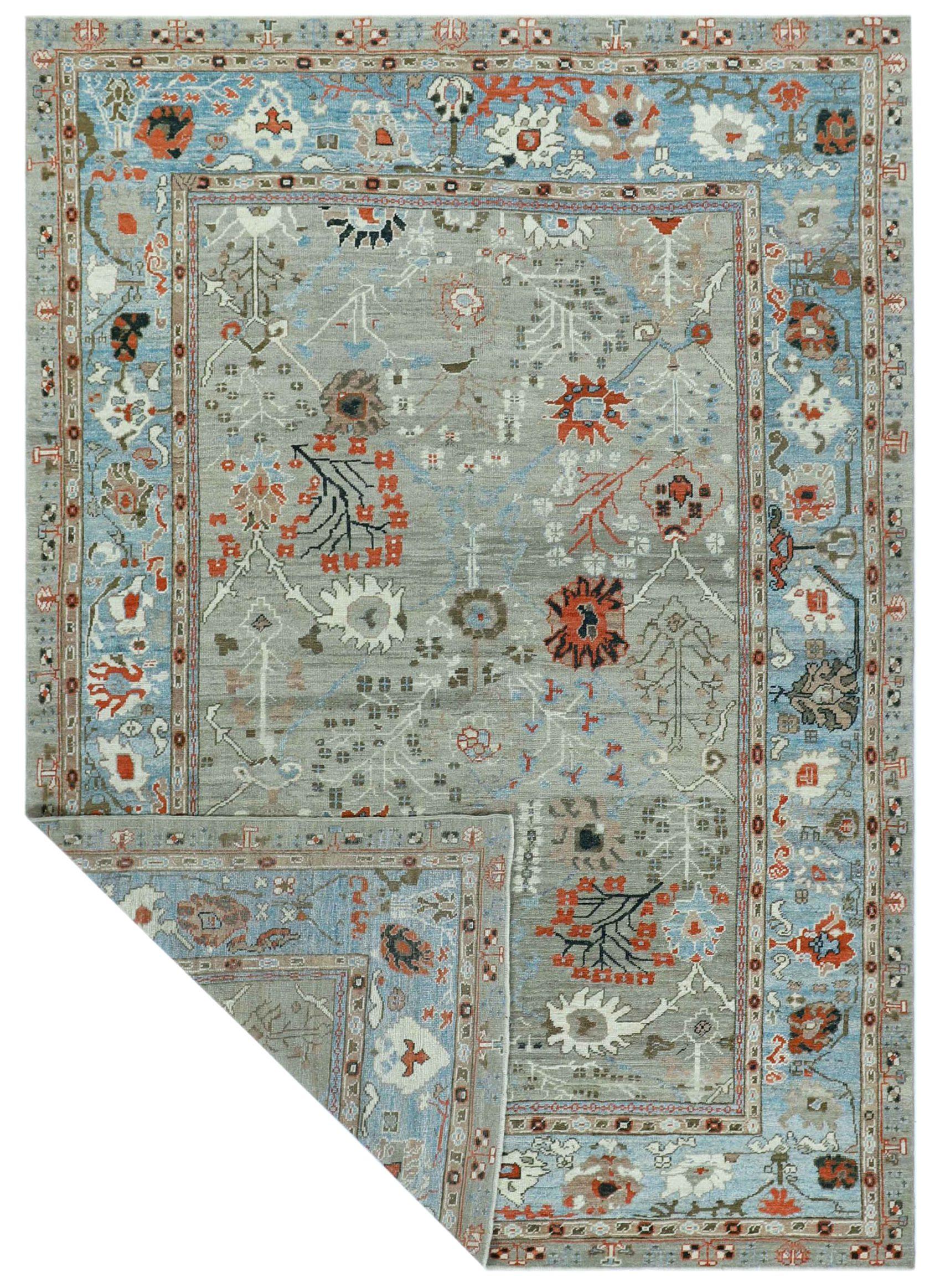 Afghanistan Oushak-Teppiche Circa 1990 - Wolle Blau Grau Rot Design - 90748 (Afghanisch) im Angebot