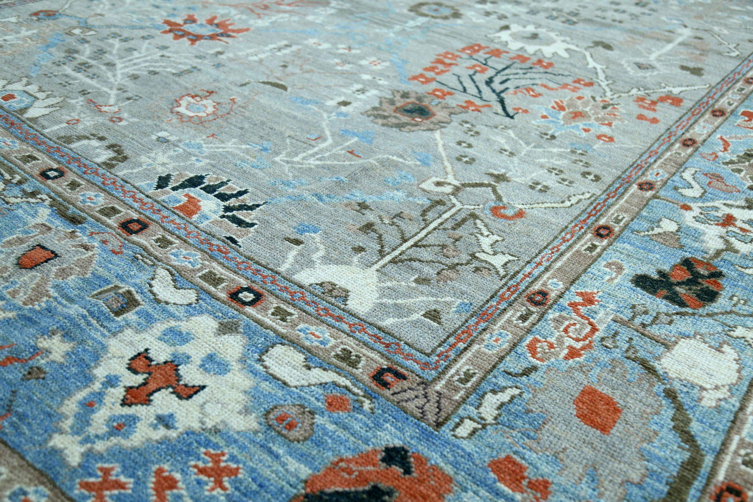 Afghanistan Oushak-Teppiche Circa 1990 - Wolle Blau Grau Rot Design - 90748 im Zustand „Hervorragend“ im Angebot in Dallas, TX