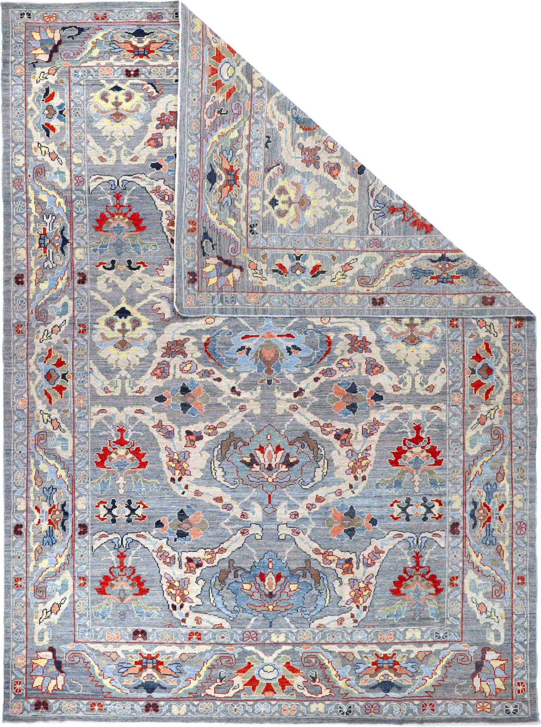 Alfombras de Afganistán Oushak Circa 1990 - Lana Azul Marfil Rojo Diseño - 90726 en Excelente estado para la venta en Dallas, TX