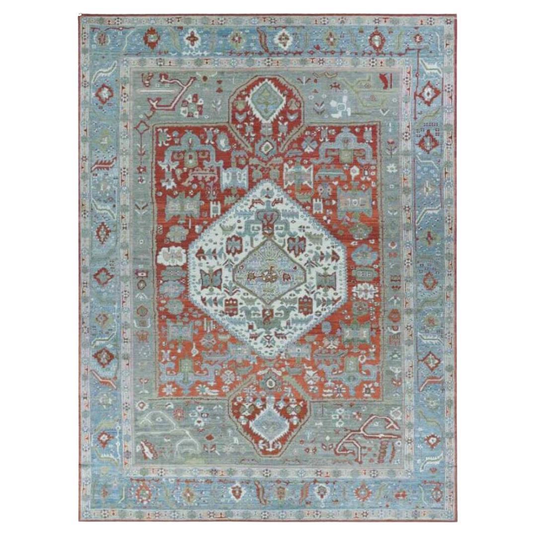 Tapis d'Afghanistan Oushak datant d'environ 1990, motif en laine bleu ivoire rouge - 91730