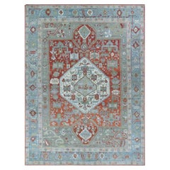 Tapis d'Afghanistan Oushak datant d'environ 1990, motif en laine bleu ivoire rouge - 91730