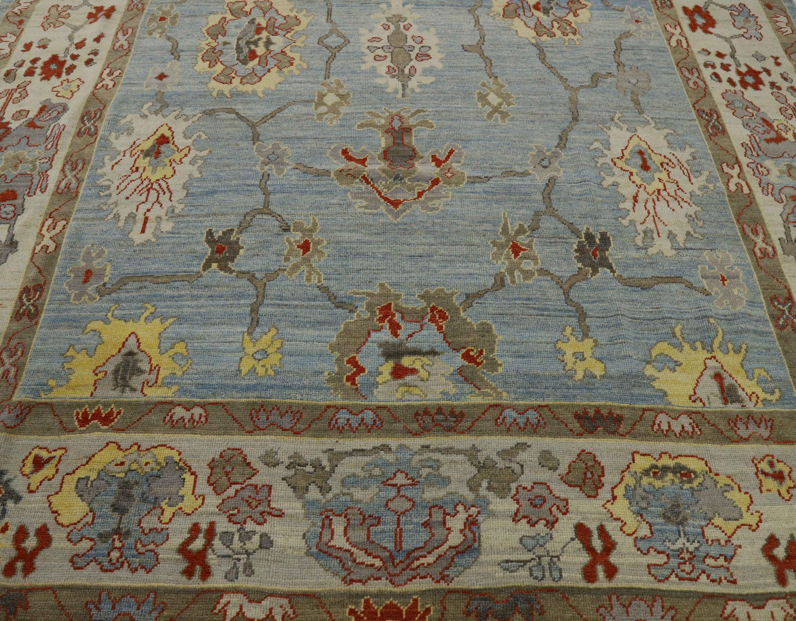 Afghanistan Oushak Area Rugs Circa 1990 - Wool Blue Ivory Red Yellow - 90719 In Excellent Condition For Sale In Dallas, TX