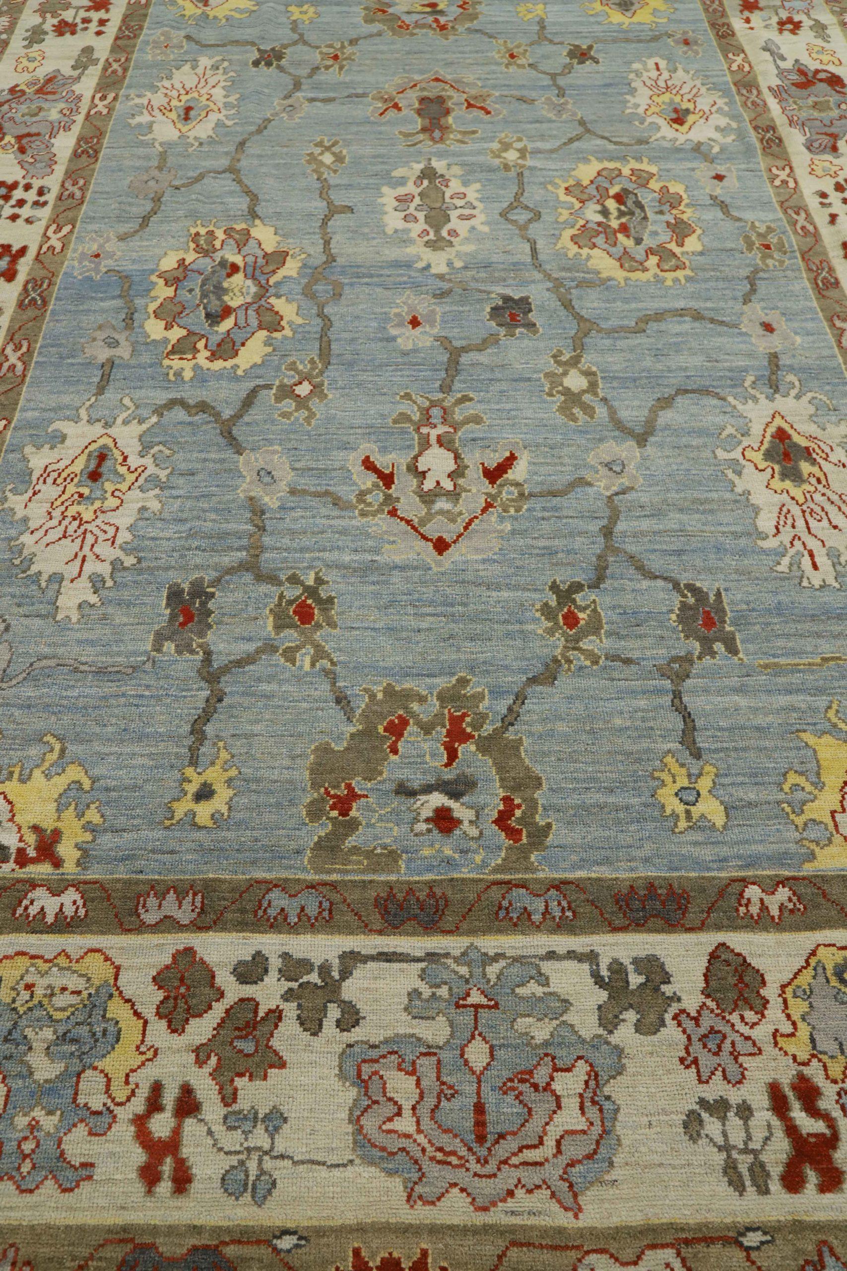 20th Century Afghanistan Oushak Area Rugs Circa 1990 - Wool Blue Ivory Red Yellow - 90719 For Sale