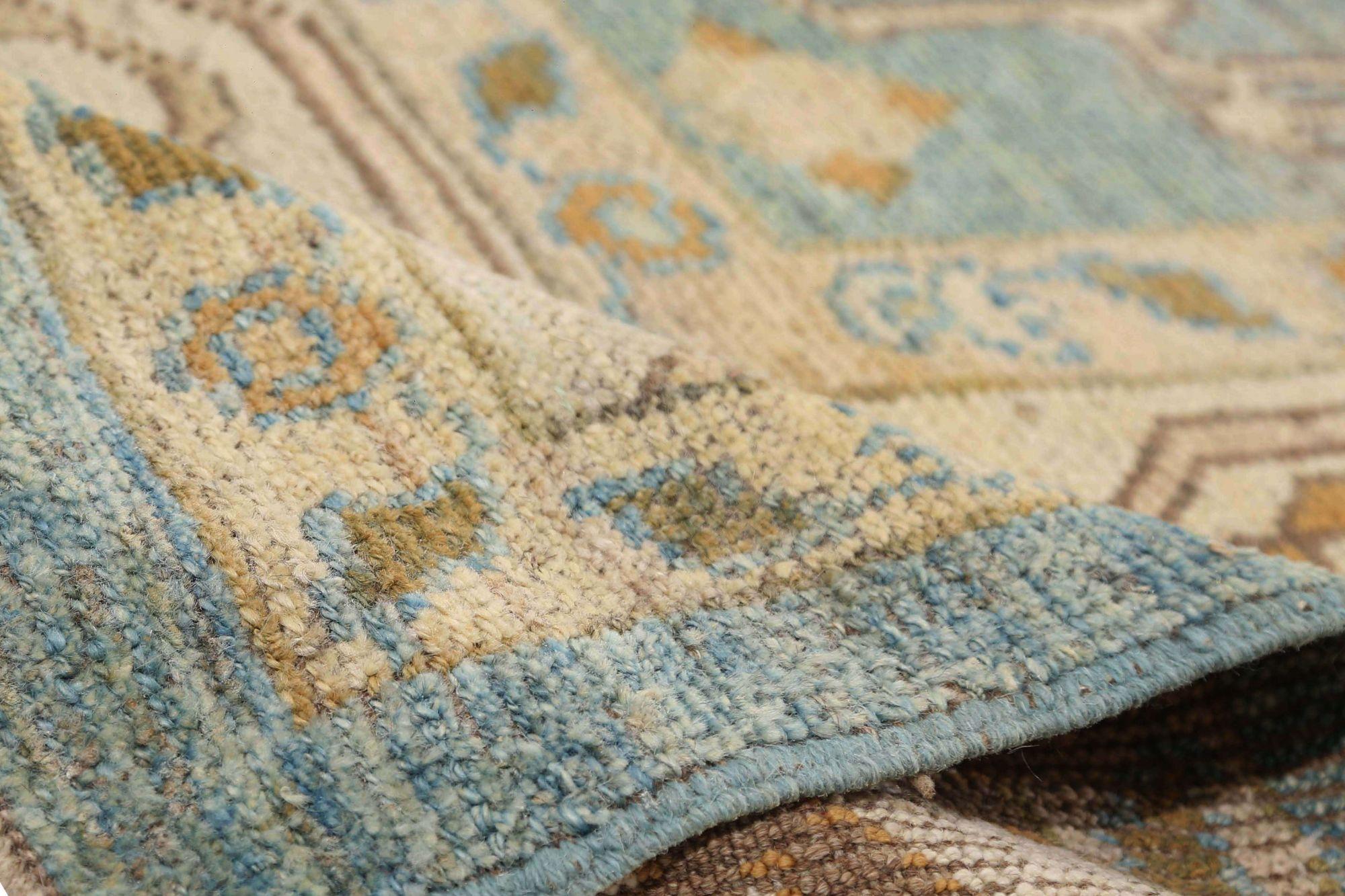 Hand-Woven Turkey Oushak Area Rugs - Wool Blue Design - 95887 For Sale