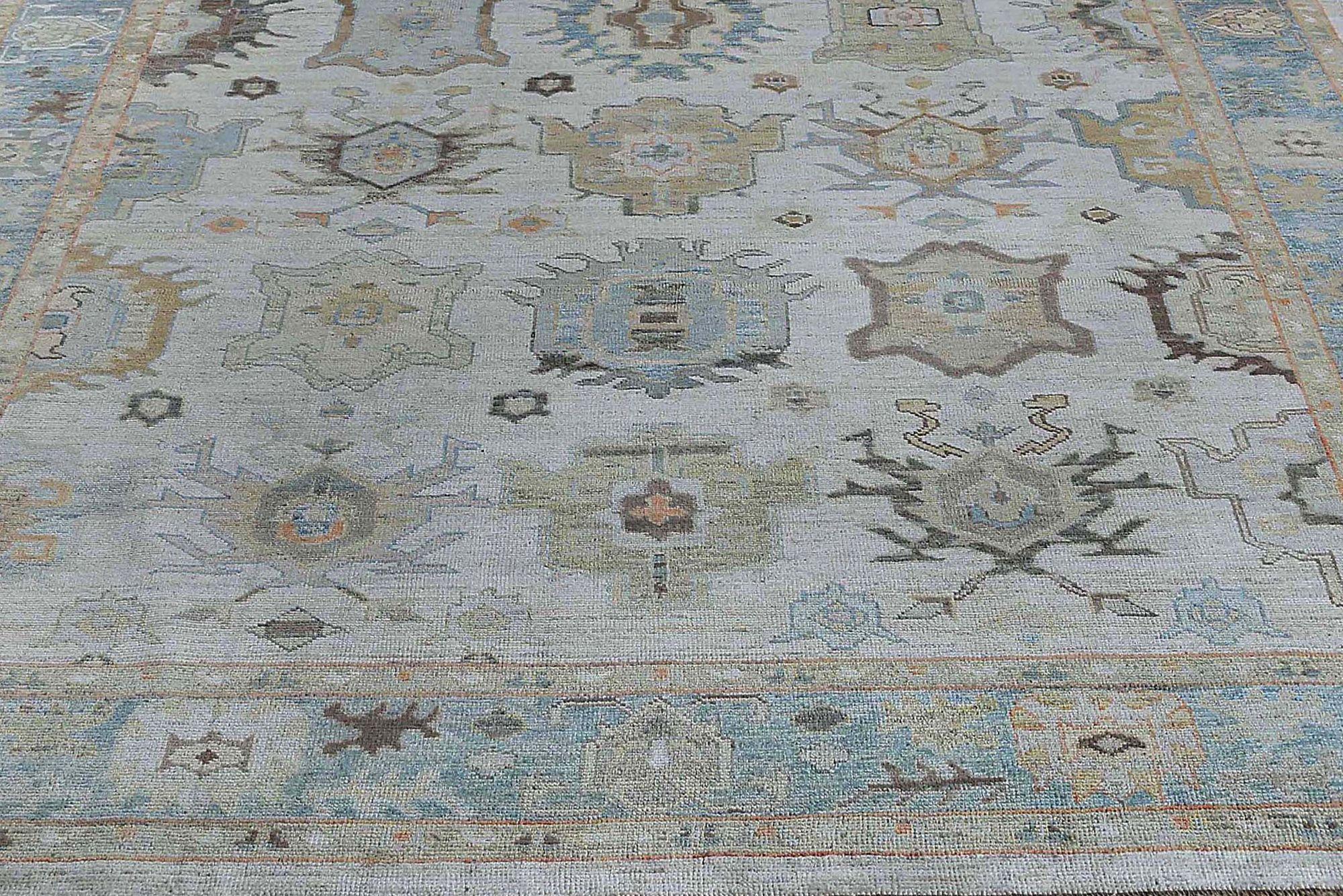 Hand-Knotted Afghanistan Oushak Area Rugs - Wool Blue Ivory Design - 97271 For Sale