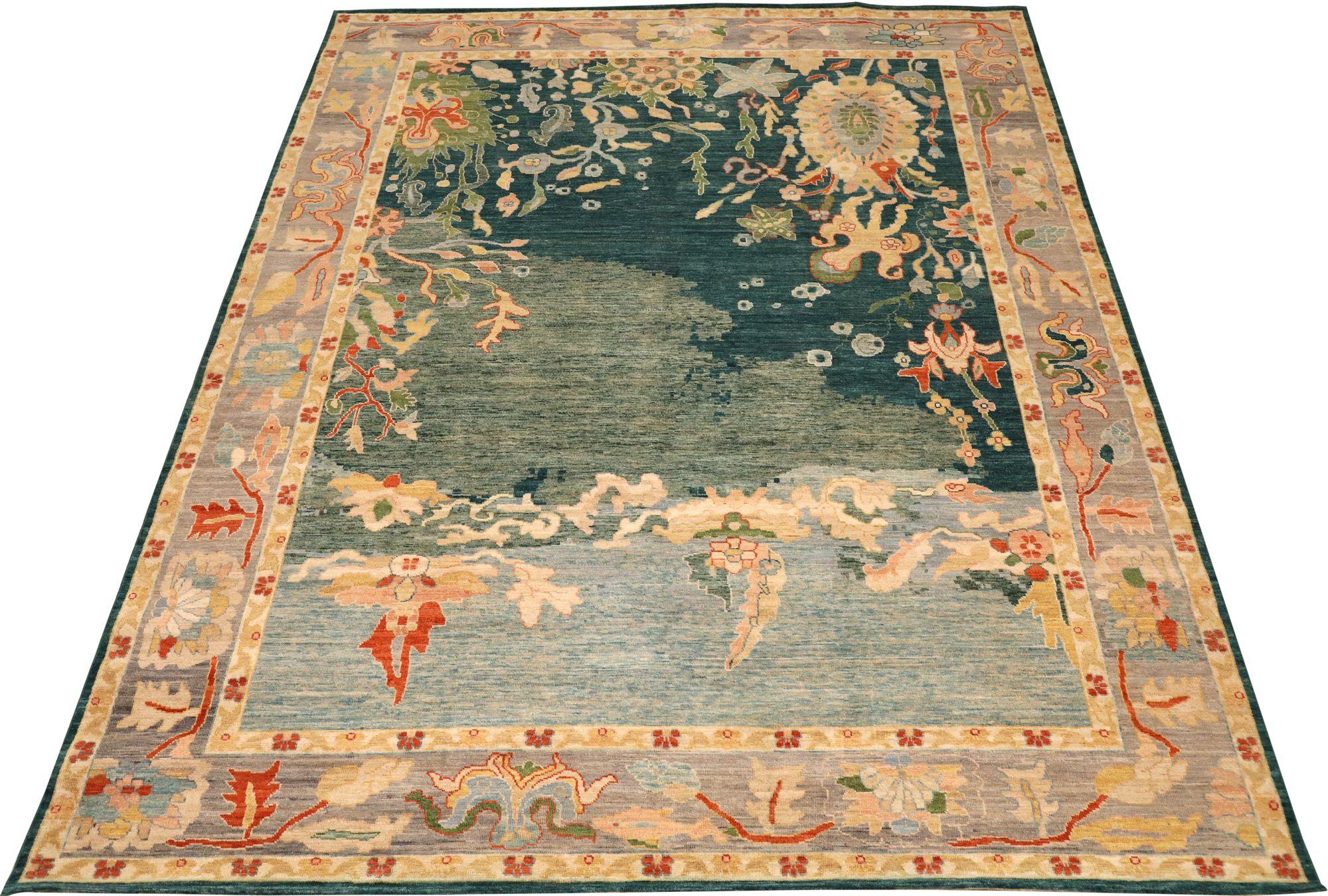 Scopri l'eleganza dell'Afghanistan Oushak con i tappeti per l'area CIRCA del 1990. Progettato con lana e blu-verde-avorio-marino, questo design esclusivo è perfetto per valorizzare il tuo spazio.