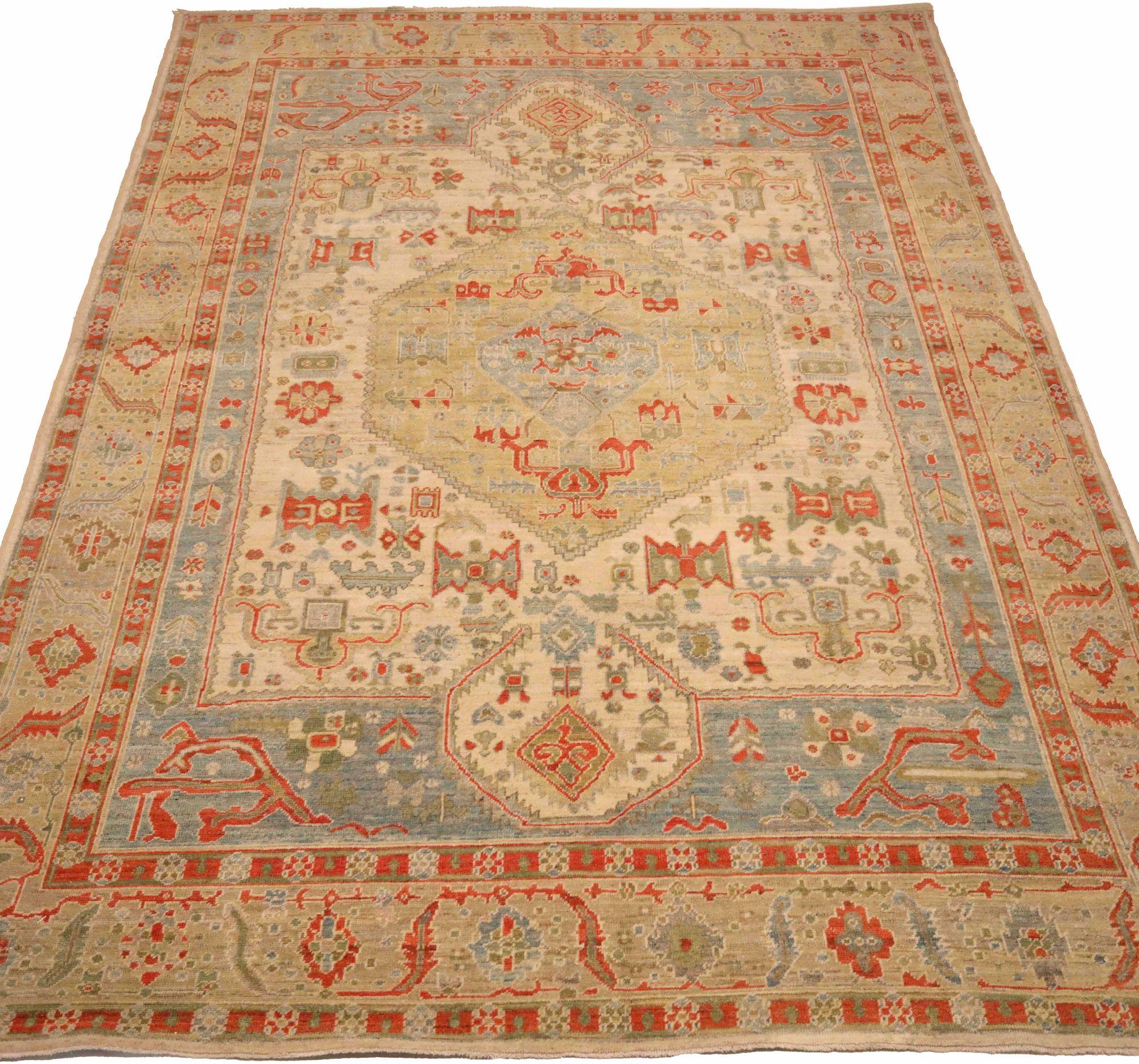 Tapis d'Afghanistan Oushak - Design en laine bleu ivoire jaune - 93615 Excellent état - En vente à Dallas, TX